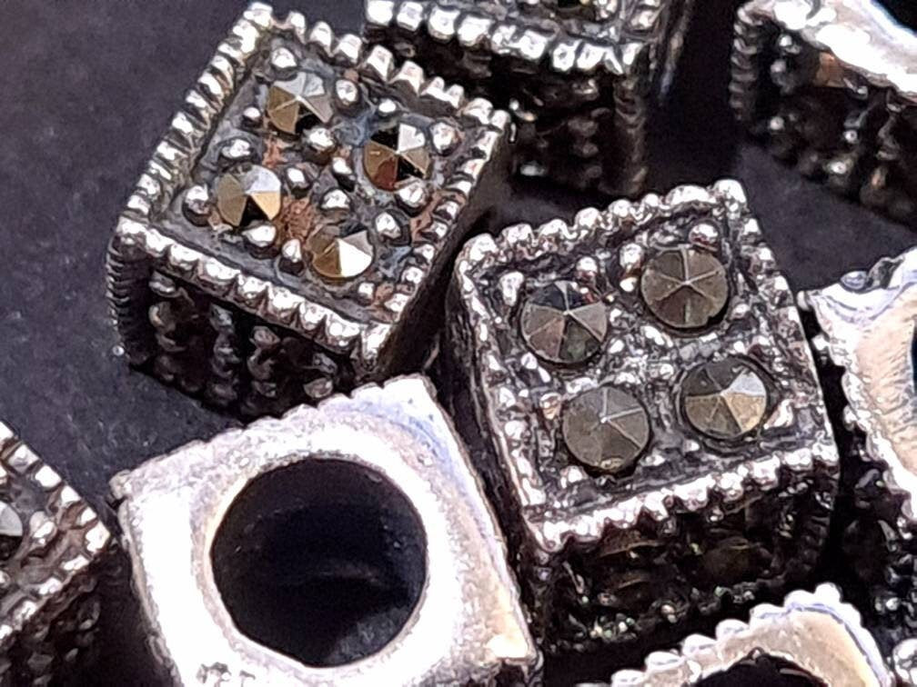 Marcasite 925 sterling silver 6mm Cube shape vintage Antique spacer block bead, 3.4mm Inner Diameter, jewelry making spacer bead.