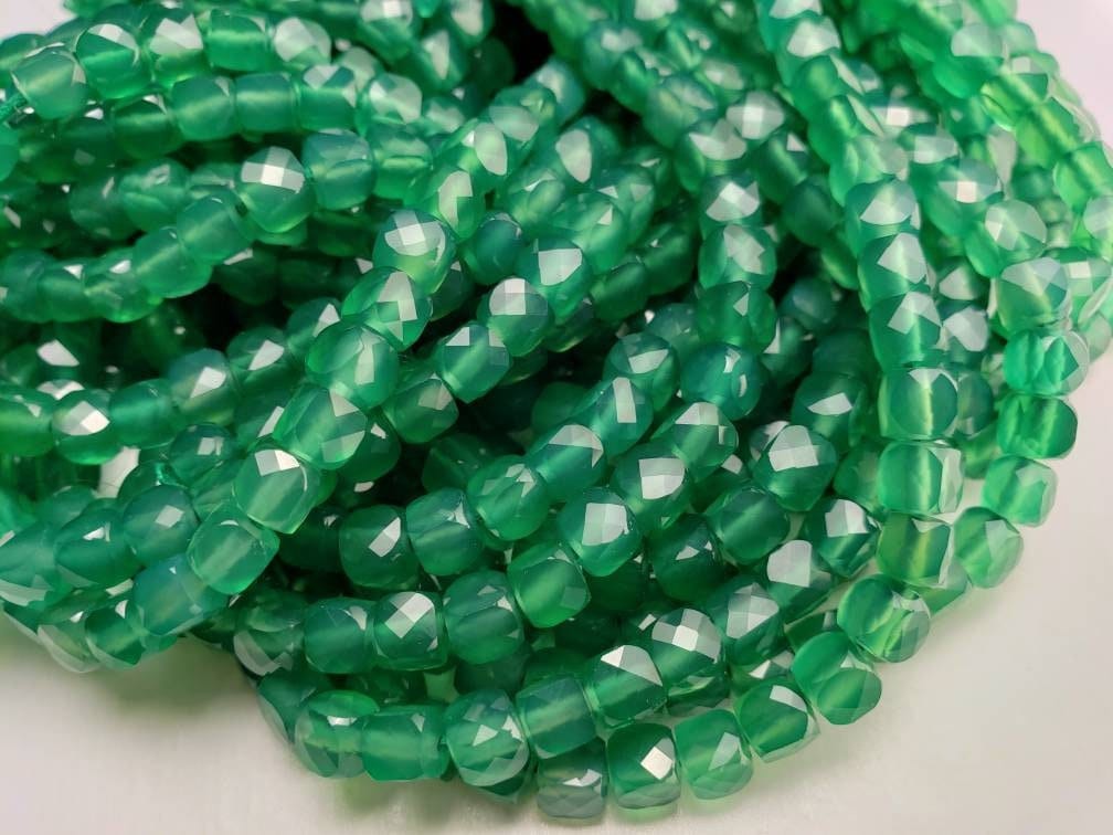 Genuine Green Onyx Faceted 5mm Square cube Dice shape beads for jewelry making 12.5" full strand, approx 65 pcs cube beads