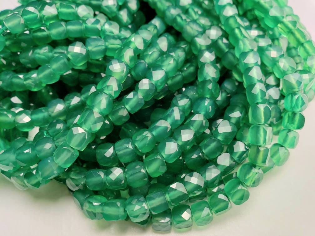 Genuine Green Onyx Faceted 5mm Square cube Dice shape beads for jewelry making 12.5&quot; full strand, approx 65 pcs cube beads