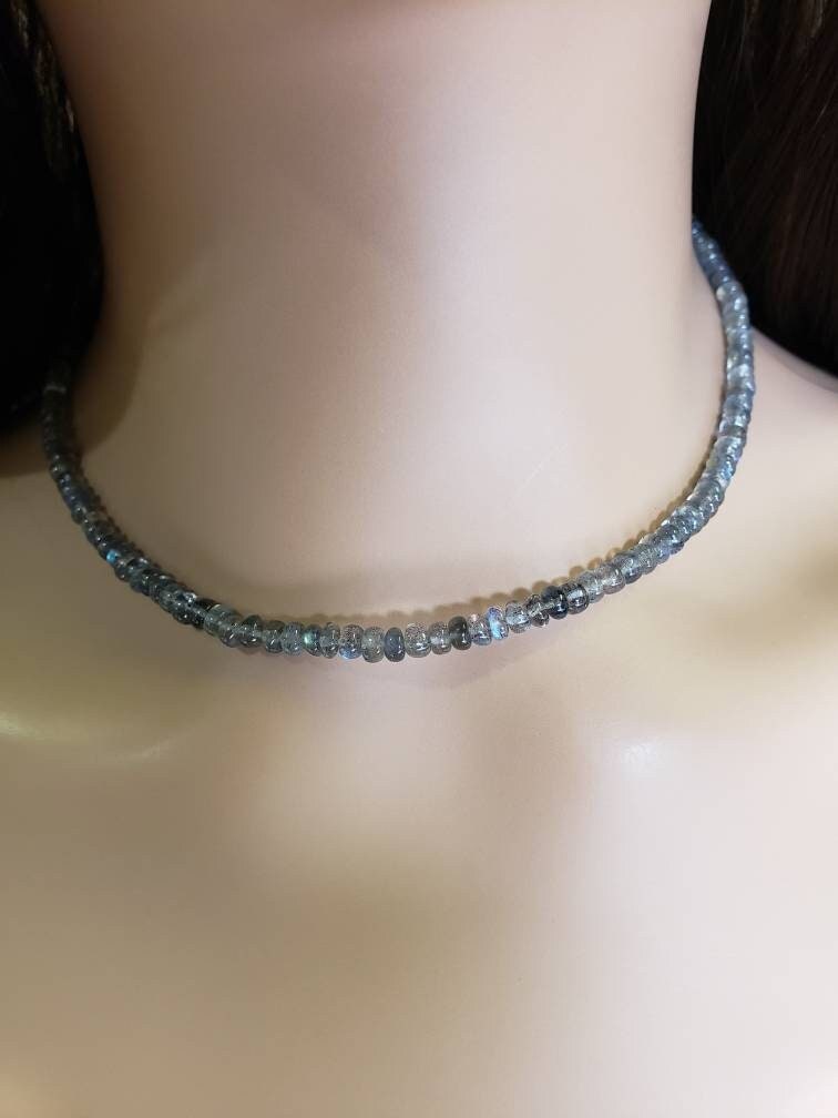 Labradorite Blue Flash Raw Smooth 4.5mm Rondelle Choker Layering Necklace in 925 Sterling Silver, Birthday, Yoga ,Healing ,Woman Gift