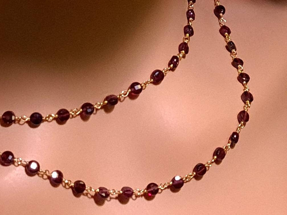 Garnet Coin Shape Wire Wrapped 4mm Faceted dime Gold and Oxidized silver handmade elegant Necklace gift. January Birthstone