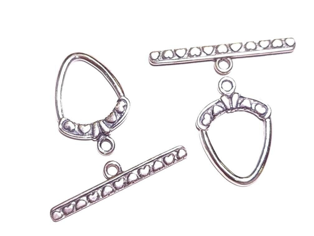 925 Sterling Silver Heart Pattern Toggle Clasp 14x17mm, Bar 27mm Antique Finished Sterling Silver Jewelry Making Clasp, 925 Stamped, 1 set