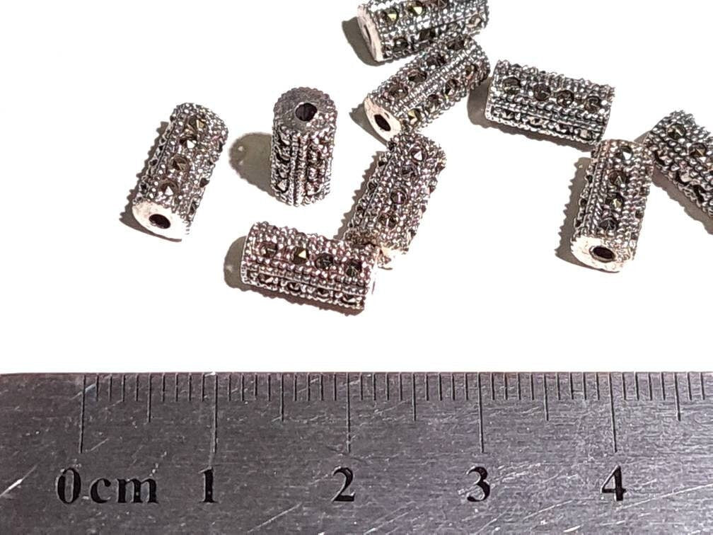 925 Sterling Silver Marcasite tube 5x10mm, 1mm Inner Diameter, Vintage Antique Handmade Designed jewelry making spacer noodle, 925 stamped