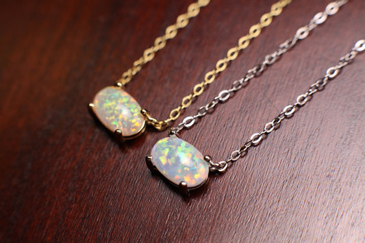 Ethiopian Fire Opal, Welo Opal, 5x9mm Oval Prong Pendant Necklace in 925 Sterling Silver, 22K Gold Vermeil AAA Quality Fiery Opal Elegant