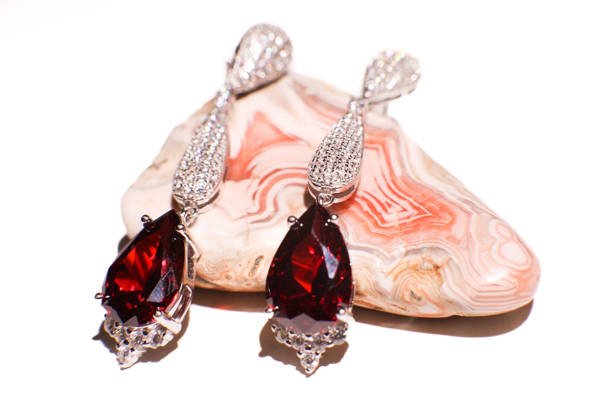 Genuine Garnet 10x14 Teardrop, 925 Sterling Silver High Quality Cubic Zirconia Setting Dangling Post Earring, 925 stamped January Birthstone