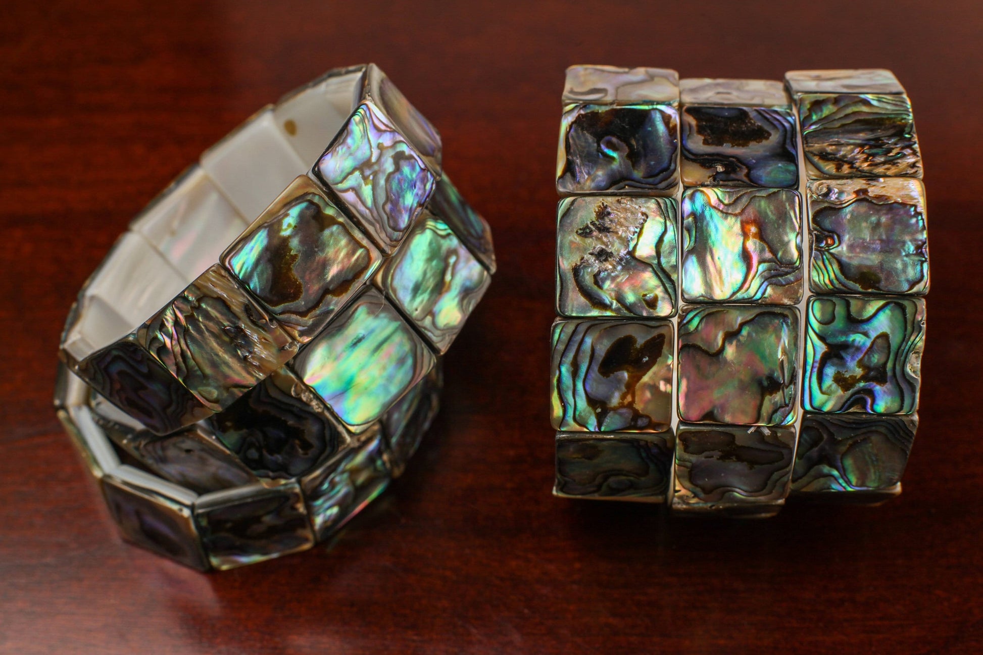 Genuine Abalone Paua Shell 16mm Double Drilled Vintage 7" Elastic Stretchy Bracelet