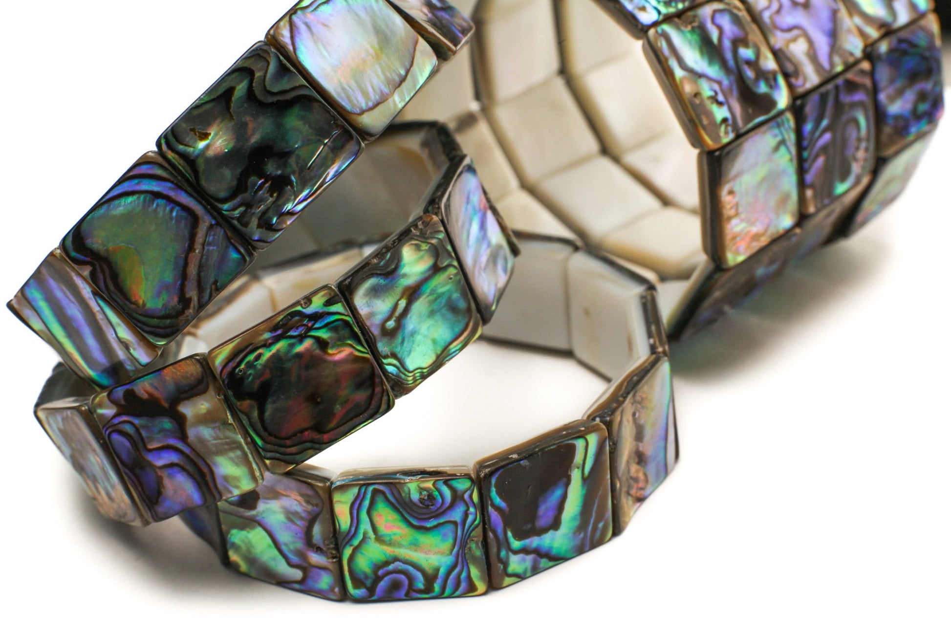 Genuine Abalone Paua Shell 16mm Double Drilled Vintage 7&quot; Elastic Stretchy Bracelet