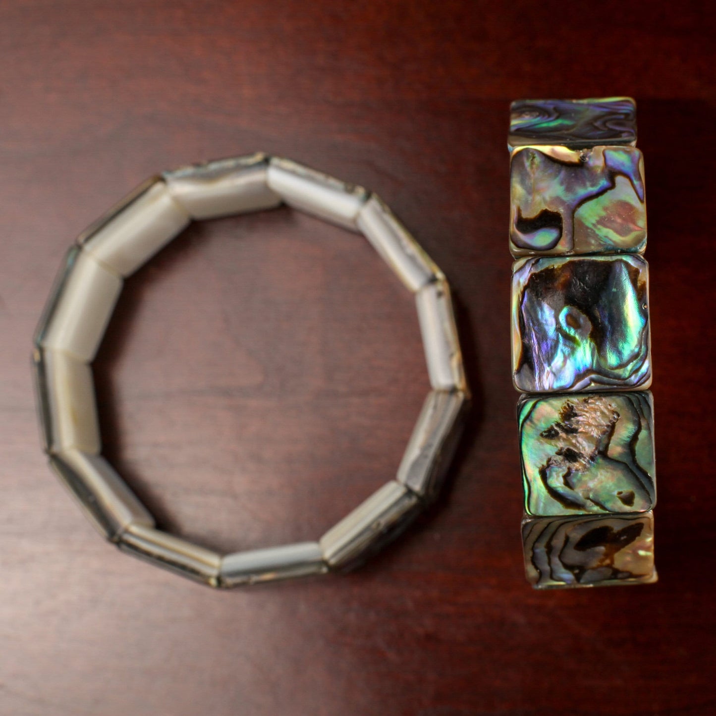 Genuine Abalone Paua Shell 16mm Double Drilled Vintage 7&quot; Elastic Stretchy Bracelet