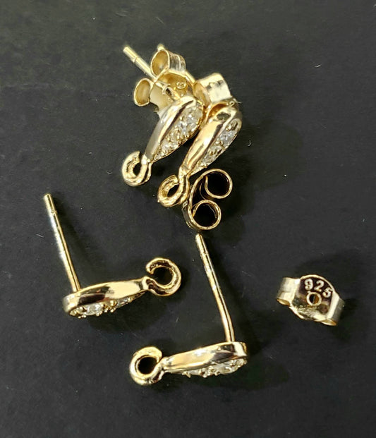 1 pair 18k gold vermeil 925 sterling silver cubic zirconia cz drop fancy earring post findings. 11mm long earrings making post .