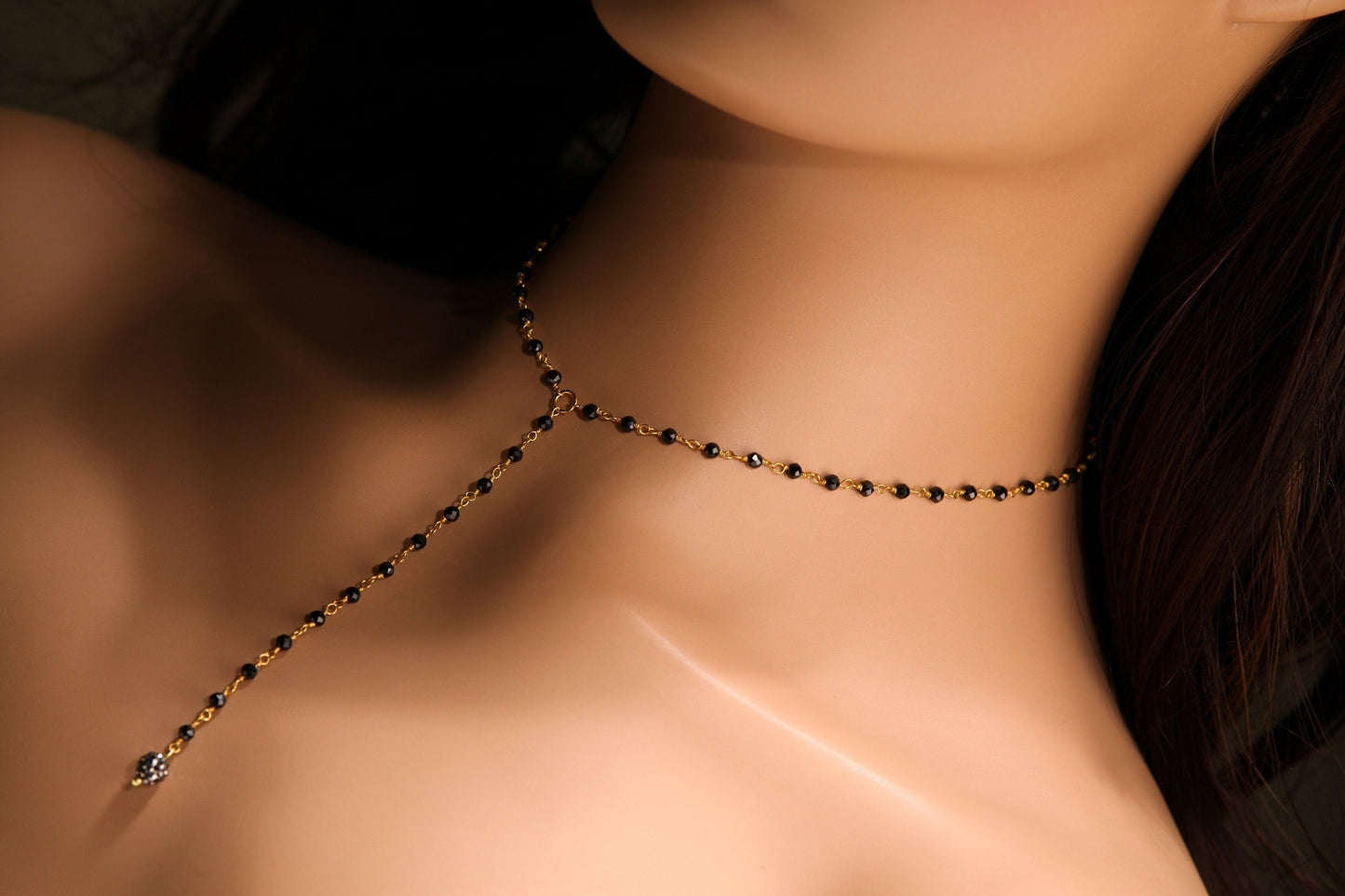Genuine Black Spinel Micro Faceted 3mm Diamond Cut Choker with 3&quot; , 4” Y Gold Necklace, Gold Necklace, prom, Layering, Elegant Gift