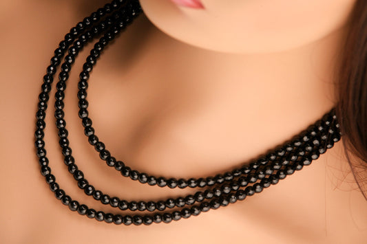 Black Onyx 6mm Faceted round 3 Line Adjustable Necklace, Natural Black Onyx Gemstone Black Beads 18.5" Layering Necklace with 2" Extender