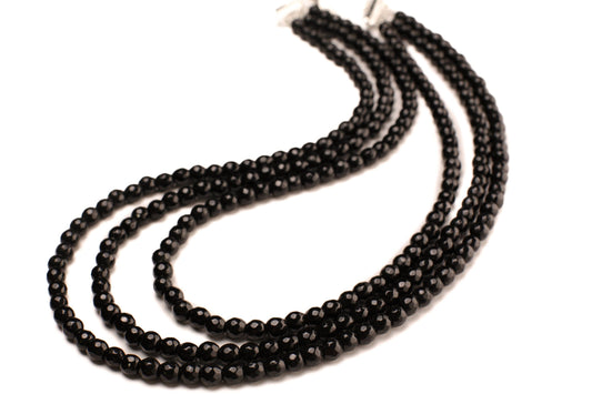 Black Onyx 6mm Faceted round 3 Line Adjustable Necklace, Natural Black Onyx Gemstone Black Beads 18.5&quot; Layering Necklace with 2&quot; Extender