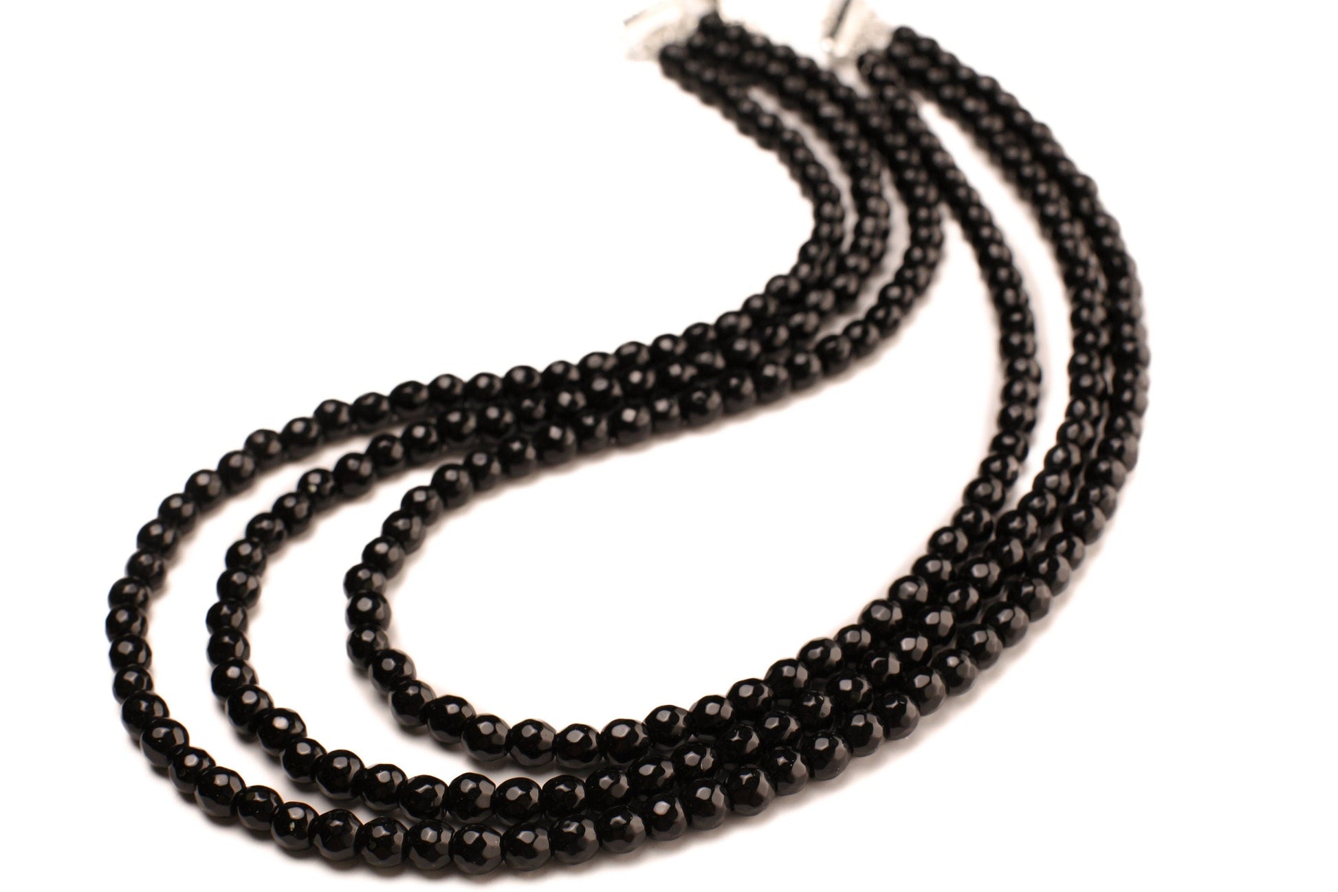 Black Onyx 6mm Faceted round 3 Line Adjustable Necklace, Natural Black Onyx Gemstone Black Beads 18.5" Layering Necklace with 2" Extender