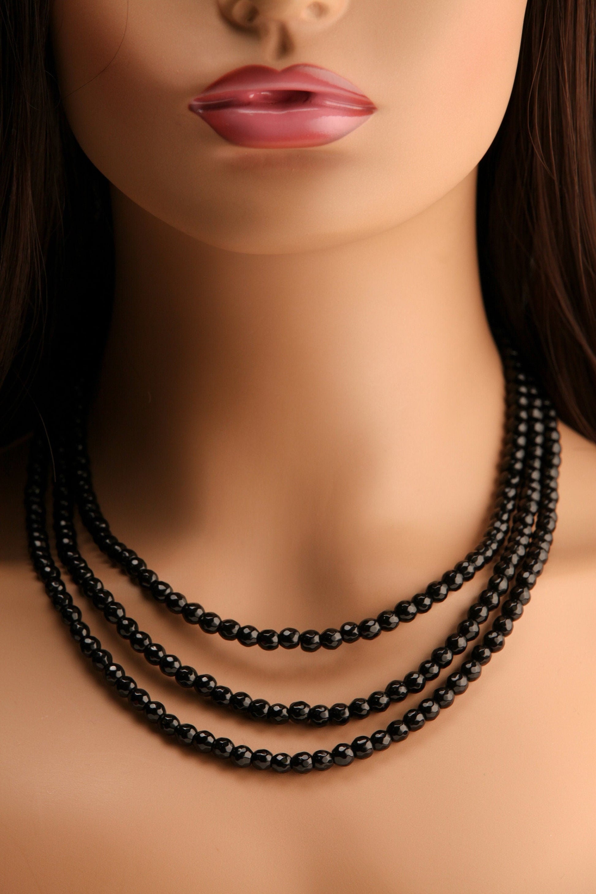 Black Onyx 6mm Faceted round 3 Line Adjustable Necklace, Natural Black Onyx Gemstone Black Beads 18.5&quot; Layering Necklace with 2&quot; Extender