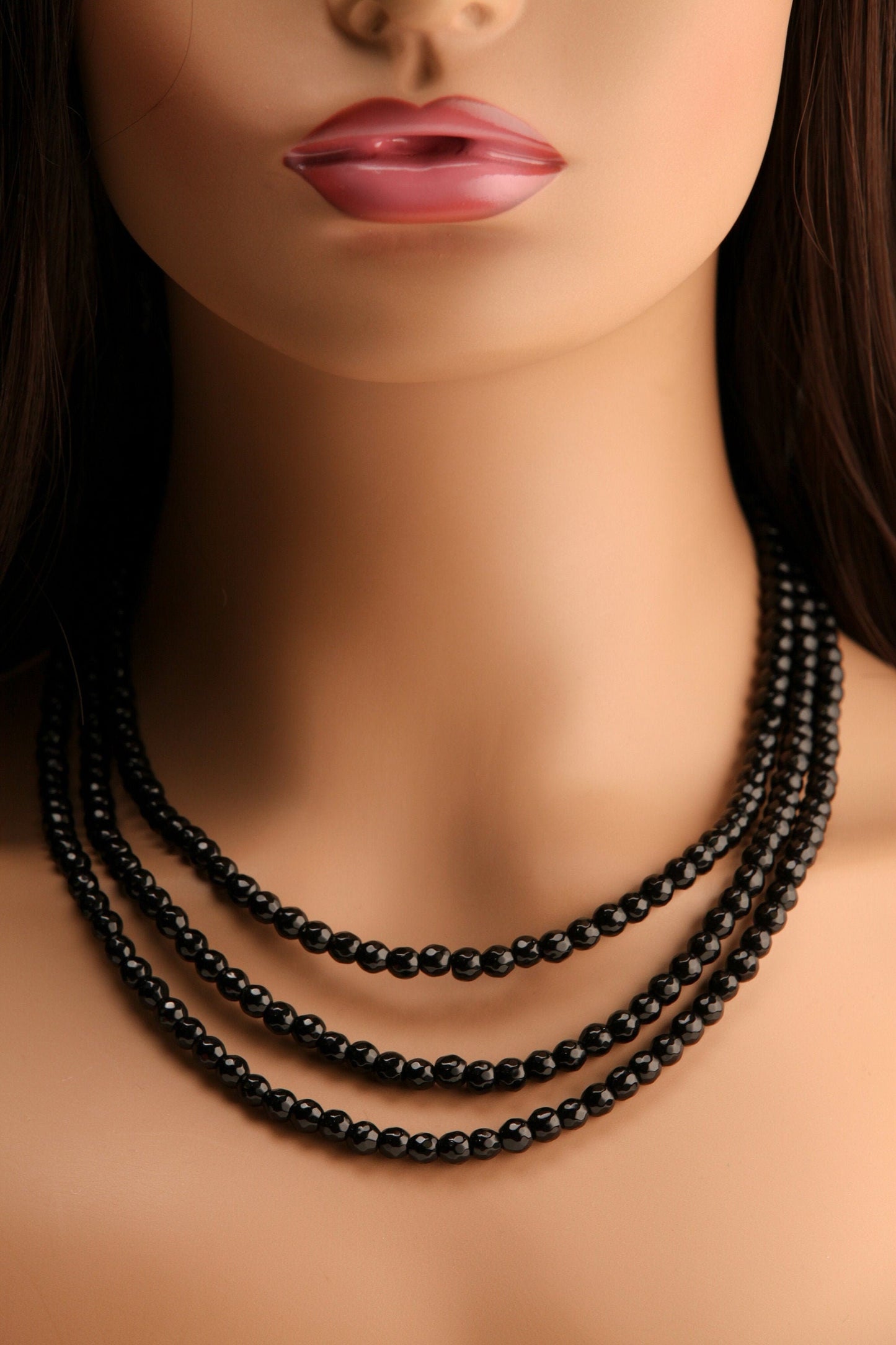 Black Onyx 6mm Faceted round 3 Line Adjustable Necklace, Natural Black Onyx Gemstone Black Beads 18.5" Layering Necklace with 2" Extender
