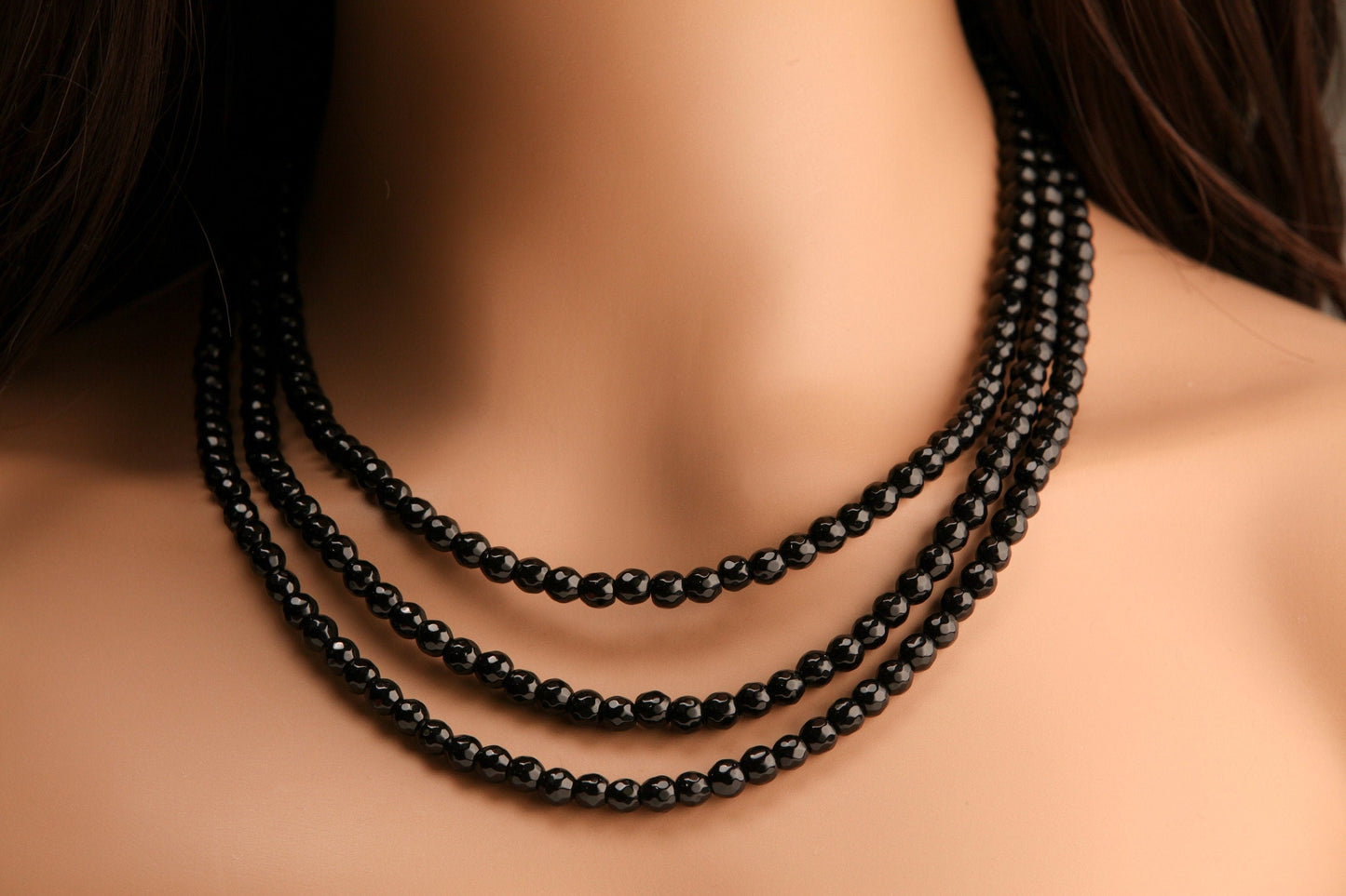 Black Onyx 6mm Faceted round 3 Line Adjustable Necklace, Natural Black Onyx Gemstone Black Beads 18.5" Layering Necklace with 2" Extender