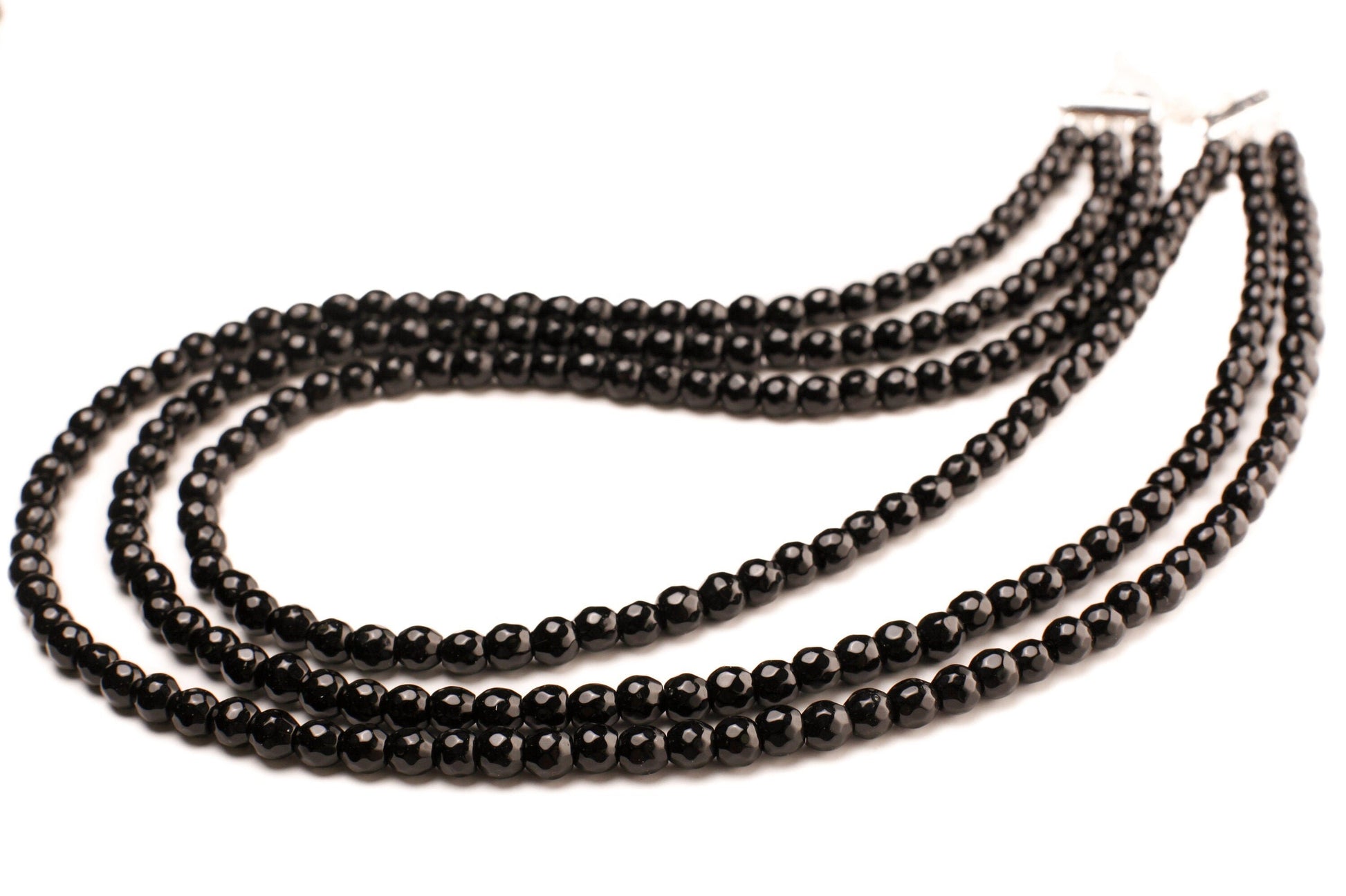Black Onyx 6mm Faceted round 3 Line Adjustable Necklace, Natural Black Onyx Gemstone Black Beads 18.5&quot; Layering Necklace with 2&quot; Extender