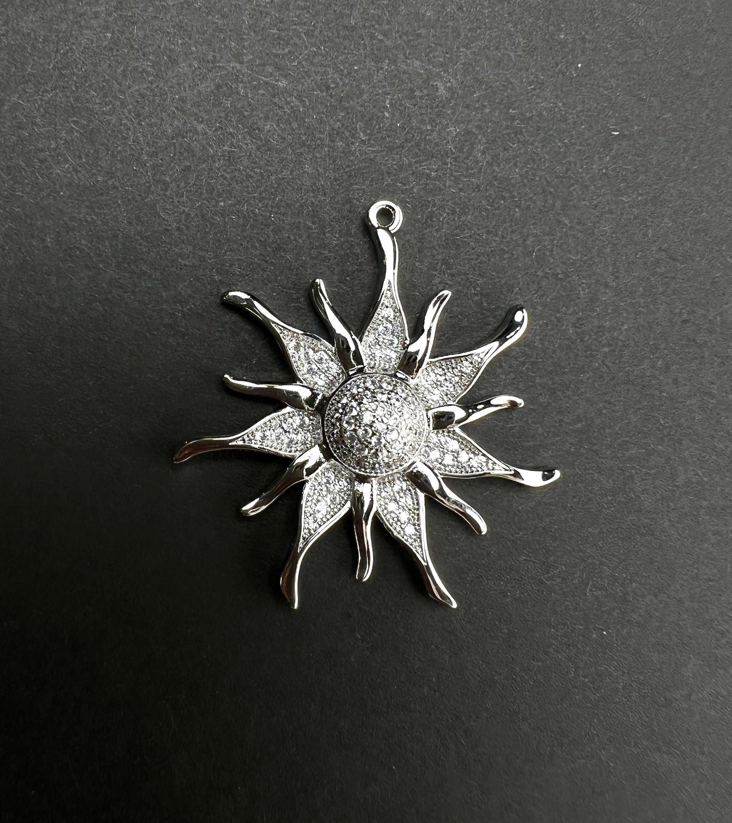 Cubic Zirconia micro pave diamond style Sunflower charm 35mm large pendant Jewelry .