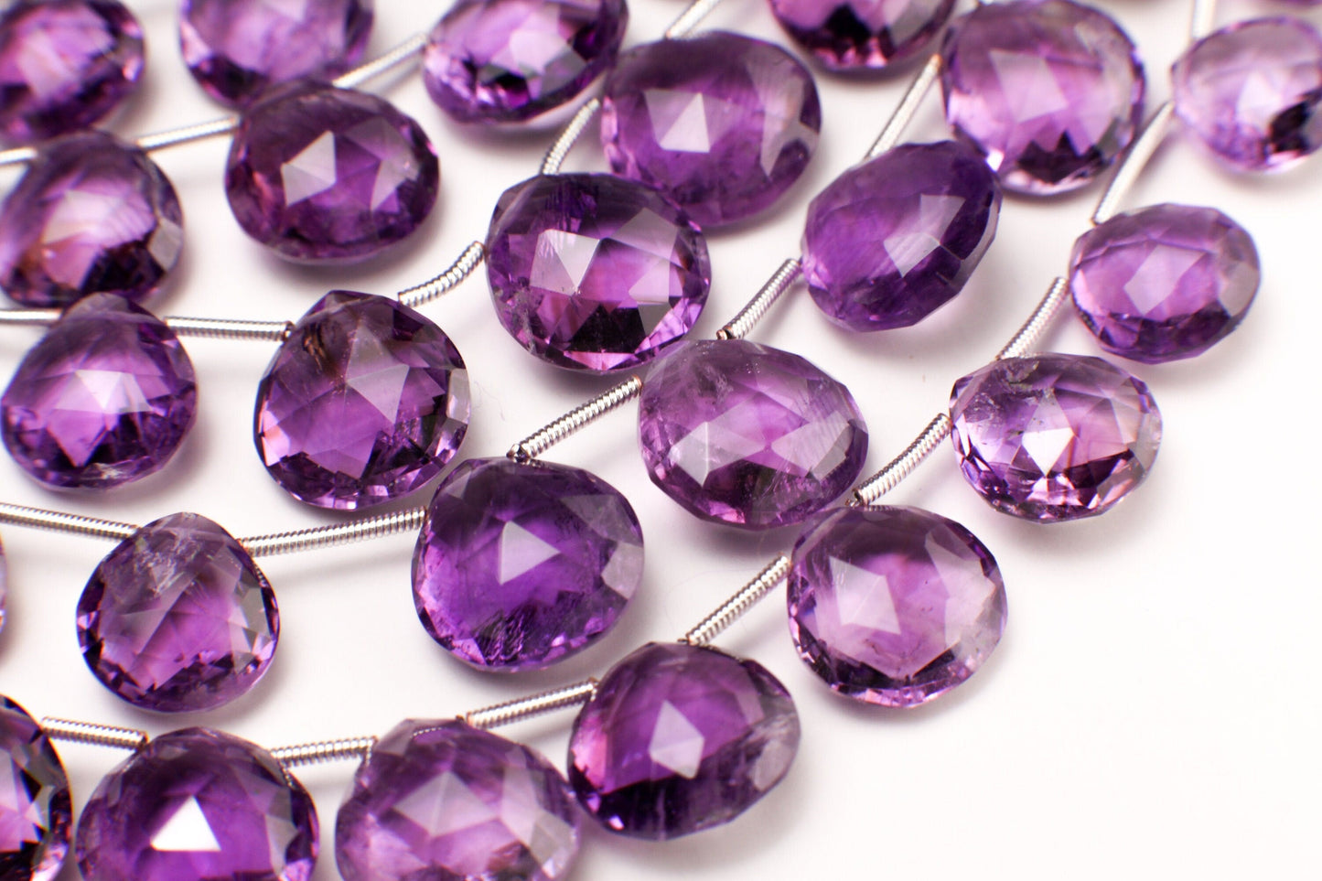 Genuine Amethyst cut Faceted AAA clear gem quality Briolette, Graduated Faceted Heart Teardrop 10.5-14mm Amethyst drops.