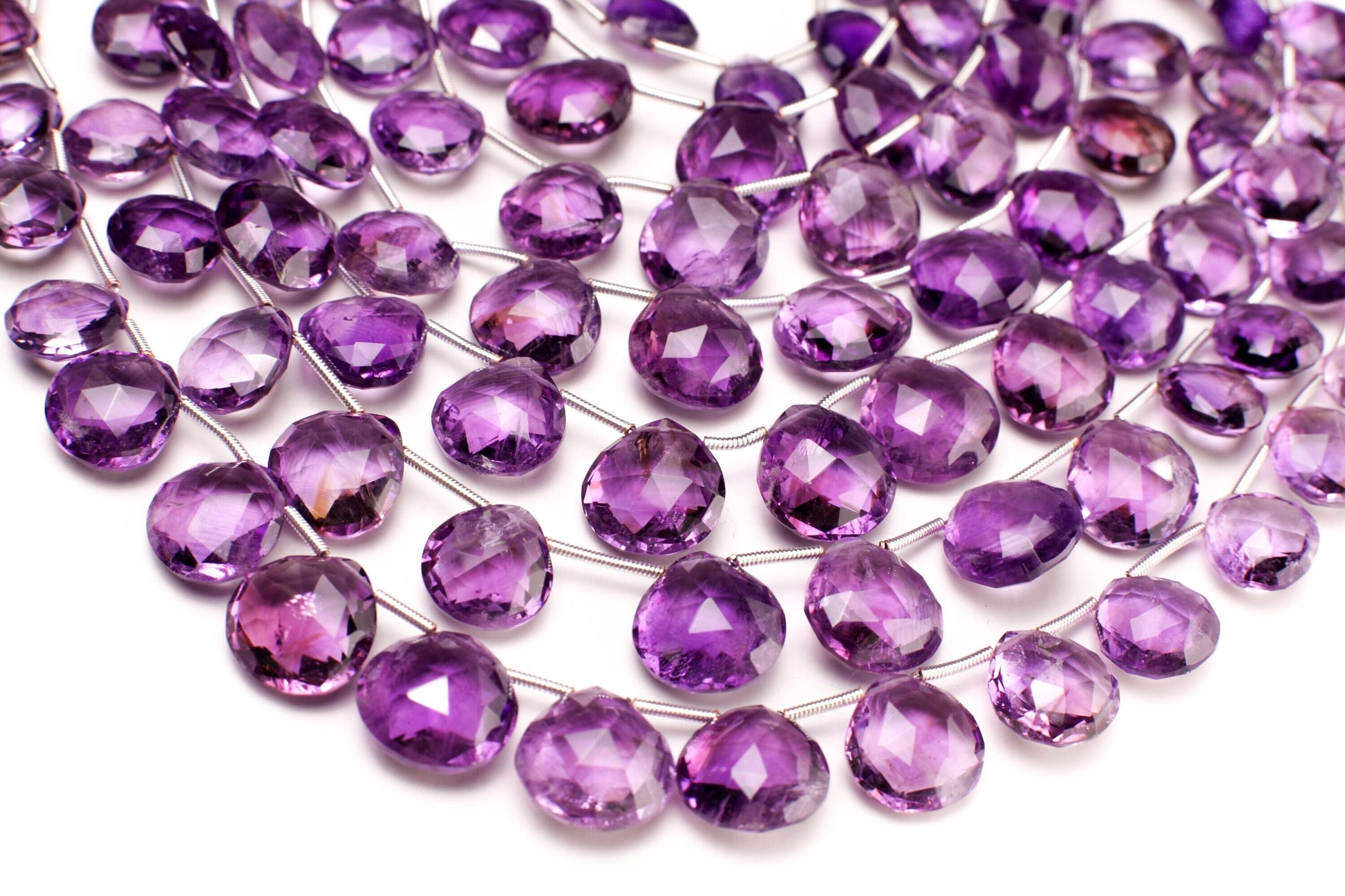 Genuine Amethyst cut Faceted AAA clear gem quality Briolette, Graduated Faceted Heart Teardrop 10.5-14mm Amethyst drops.