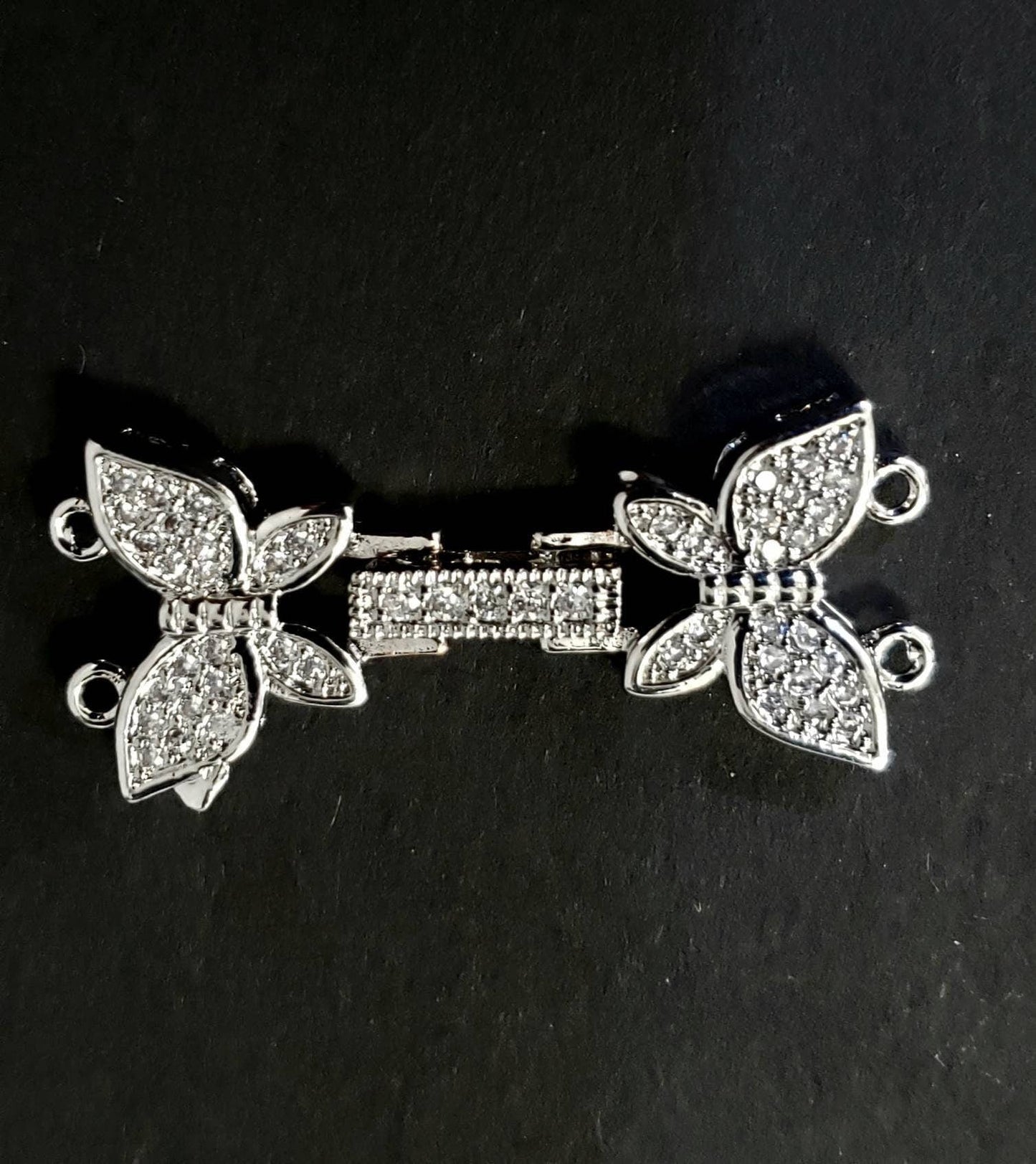 Cubic Zirconia CZ Micro Pave Rhodium Sterling Silver Diamond Style Butterfly Fancy Clasp 14x31mm long, High End Jewelry Making,Folding Clasp