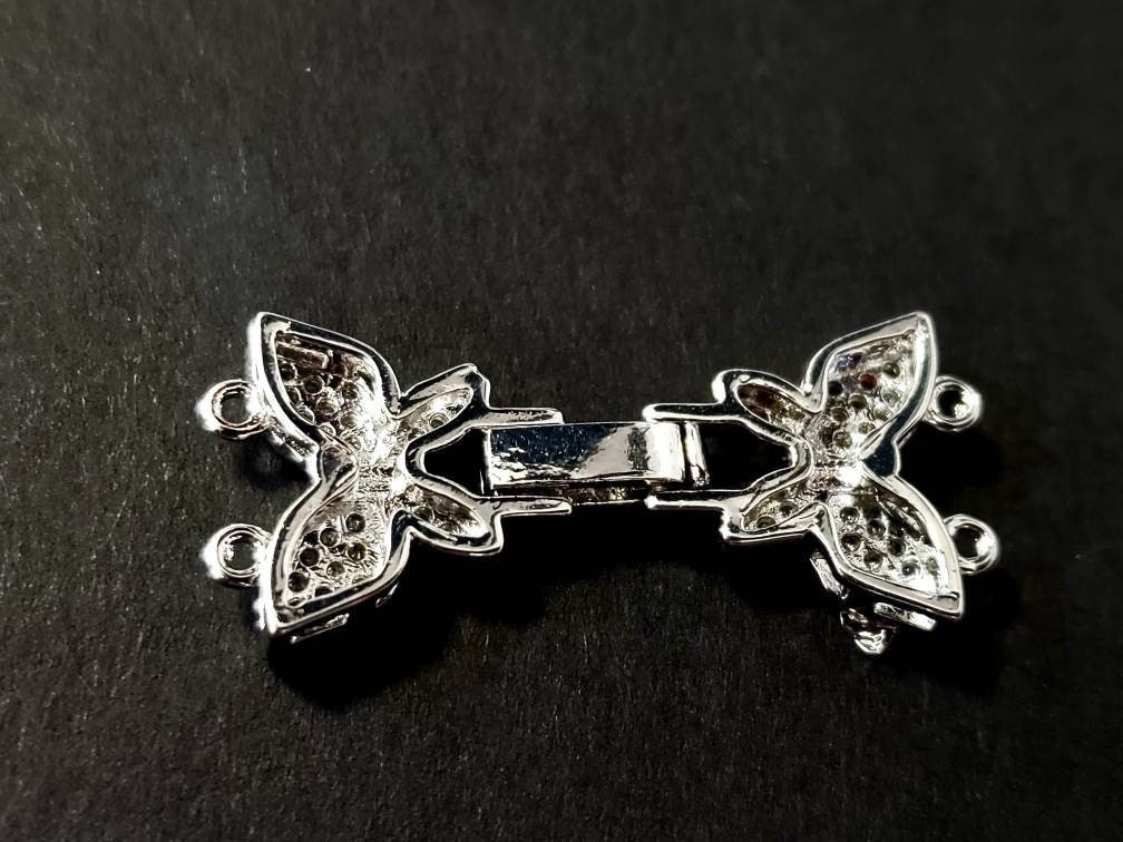 Cubic Zirconia CZ Micro Pave Rhodium Sterling Silver Diamond Style Butterfly Fancy Clasp 14x31mm long, High End Jewelry Making,Folding Clasp