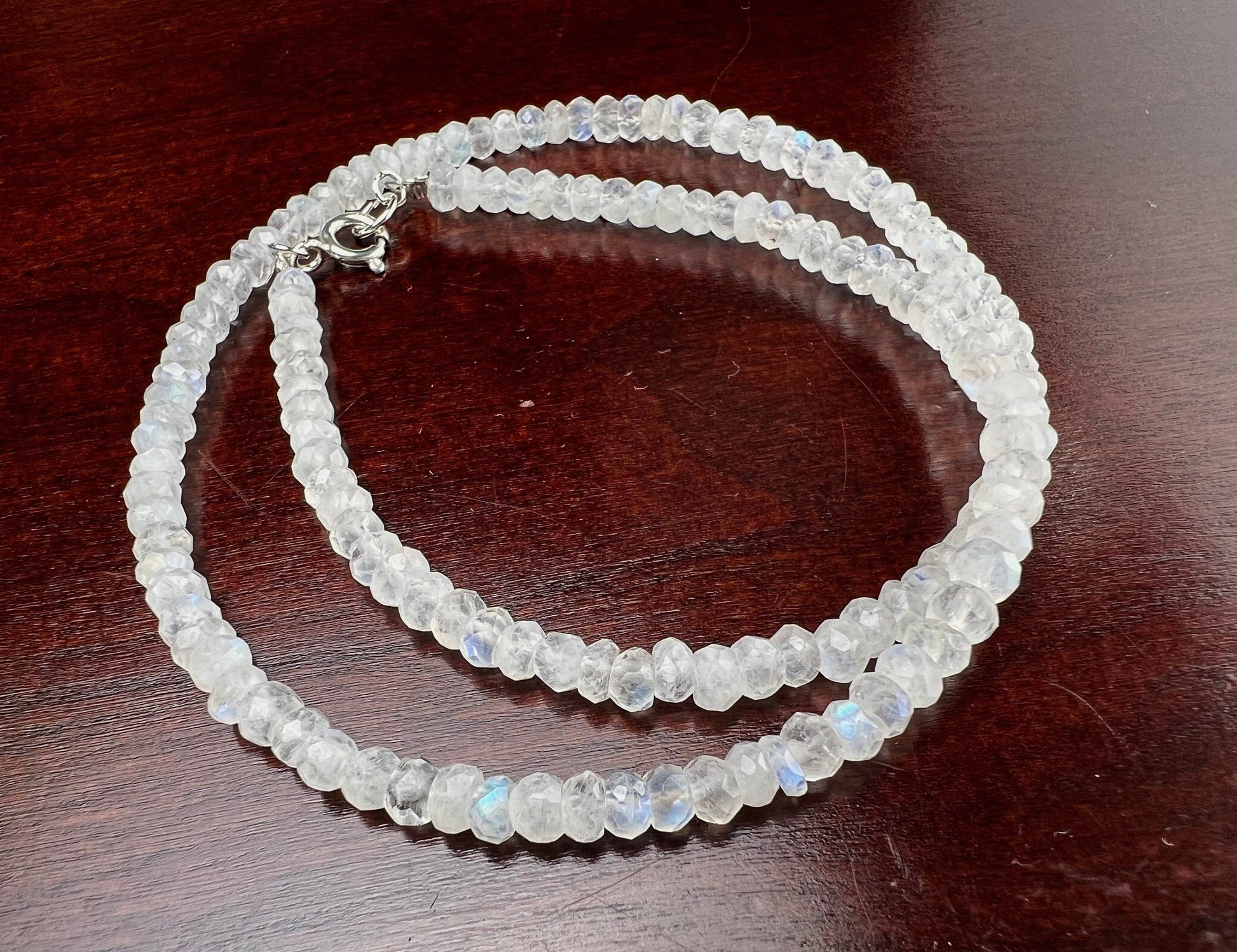 Natural Rainbow Moonstone 4.5-5mmFaceted Roundel 925 Sterling silver Necklace,Choker layering,prom,graduation June Birthstone, Precious Gift