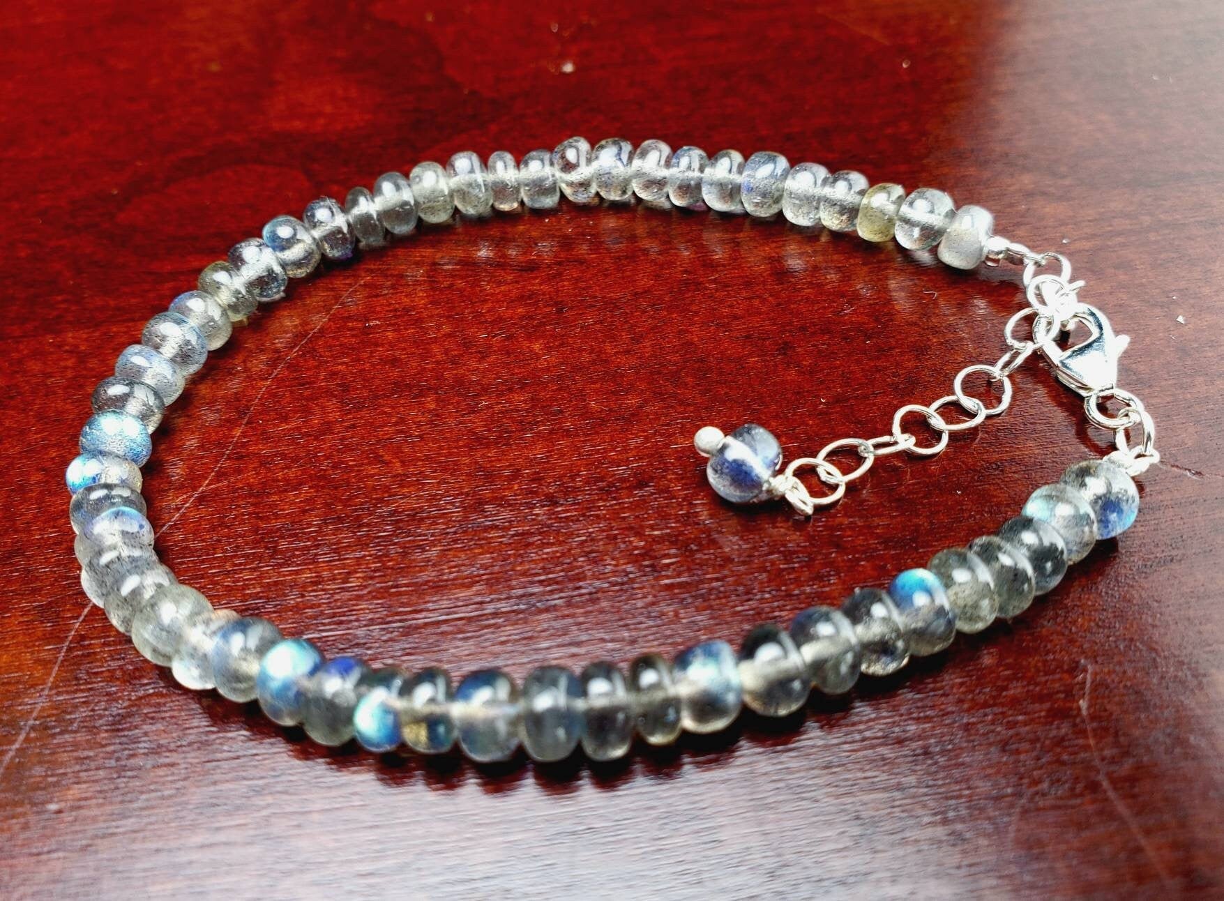 Labradorite Smooth Roundel 4.5mm Blue Flashy 925 Sterling Silver Bracelet with 1&quot; Extender, Gift for Woman, Chakra, Yoga Energy Healing gift