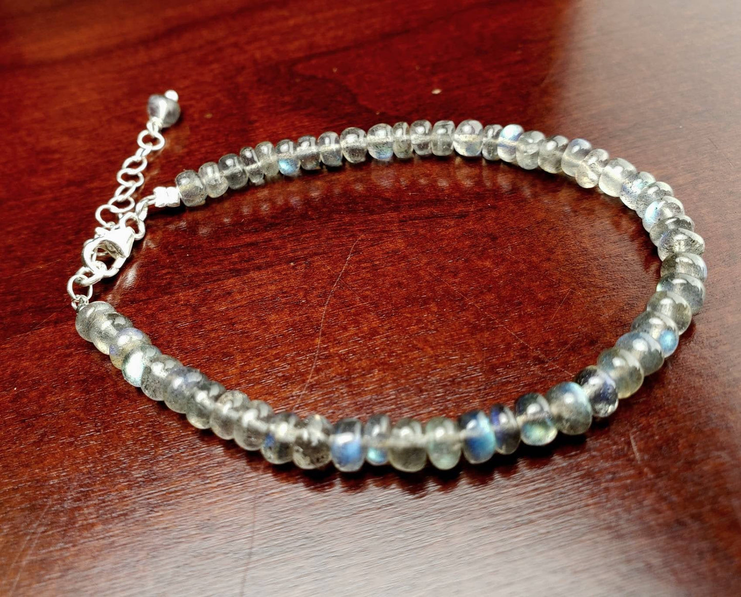 Labradorite Smooth Roundel 4.5mm Blue Flashy 925 Sterling Silver Bracelet with 1&quot; Extender, Gift for Woman, Chakra, Yoga Energy Healing gift