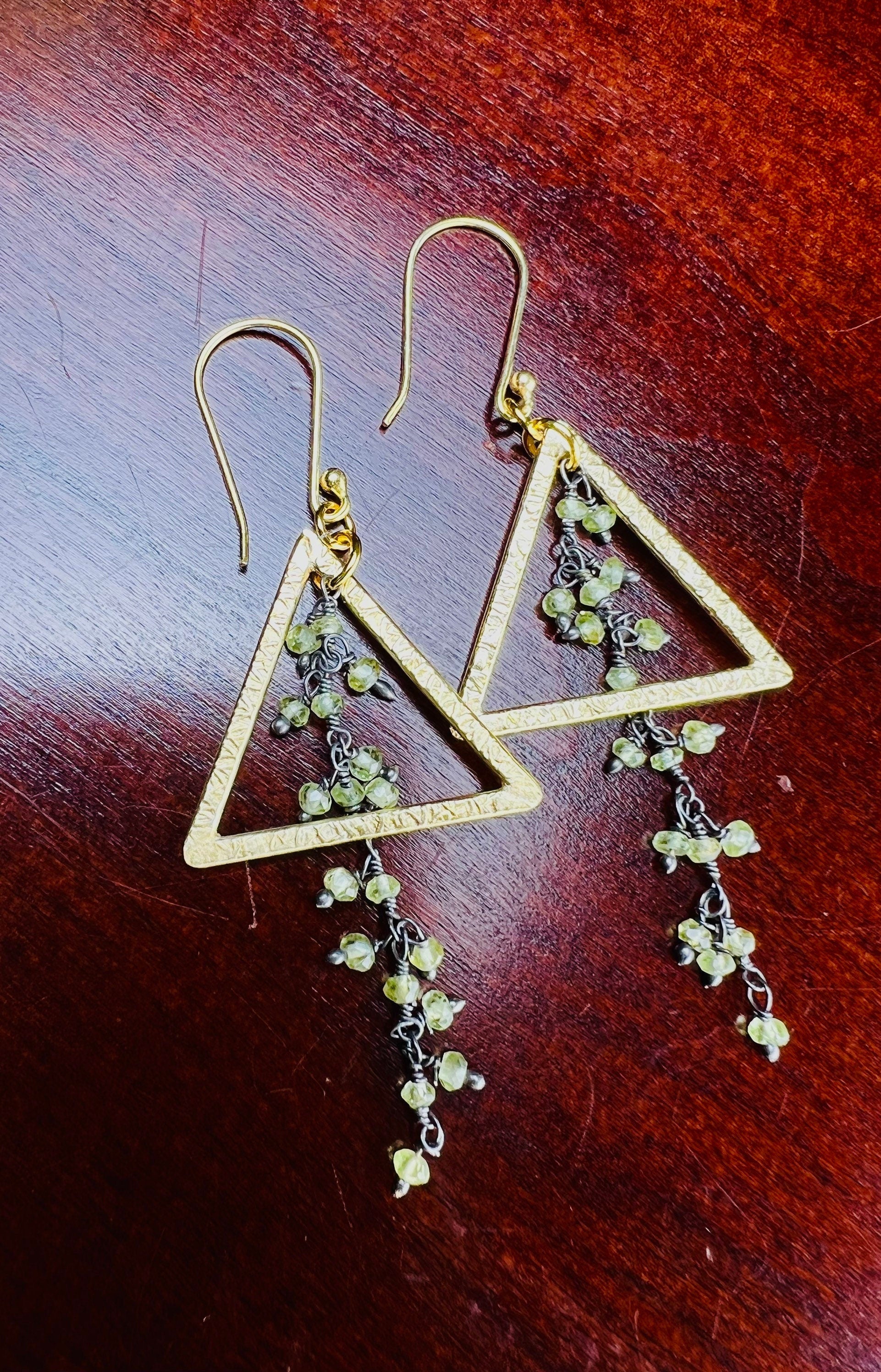 Genuine Peridot Wire Wrapped cluster Dangling with 23x26 mm Triangular hammered brush Gold Vermeil Earring .August Birthstone,Tree of life