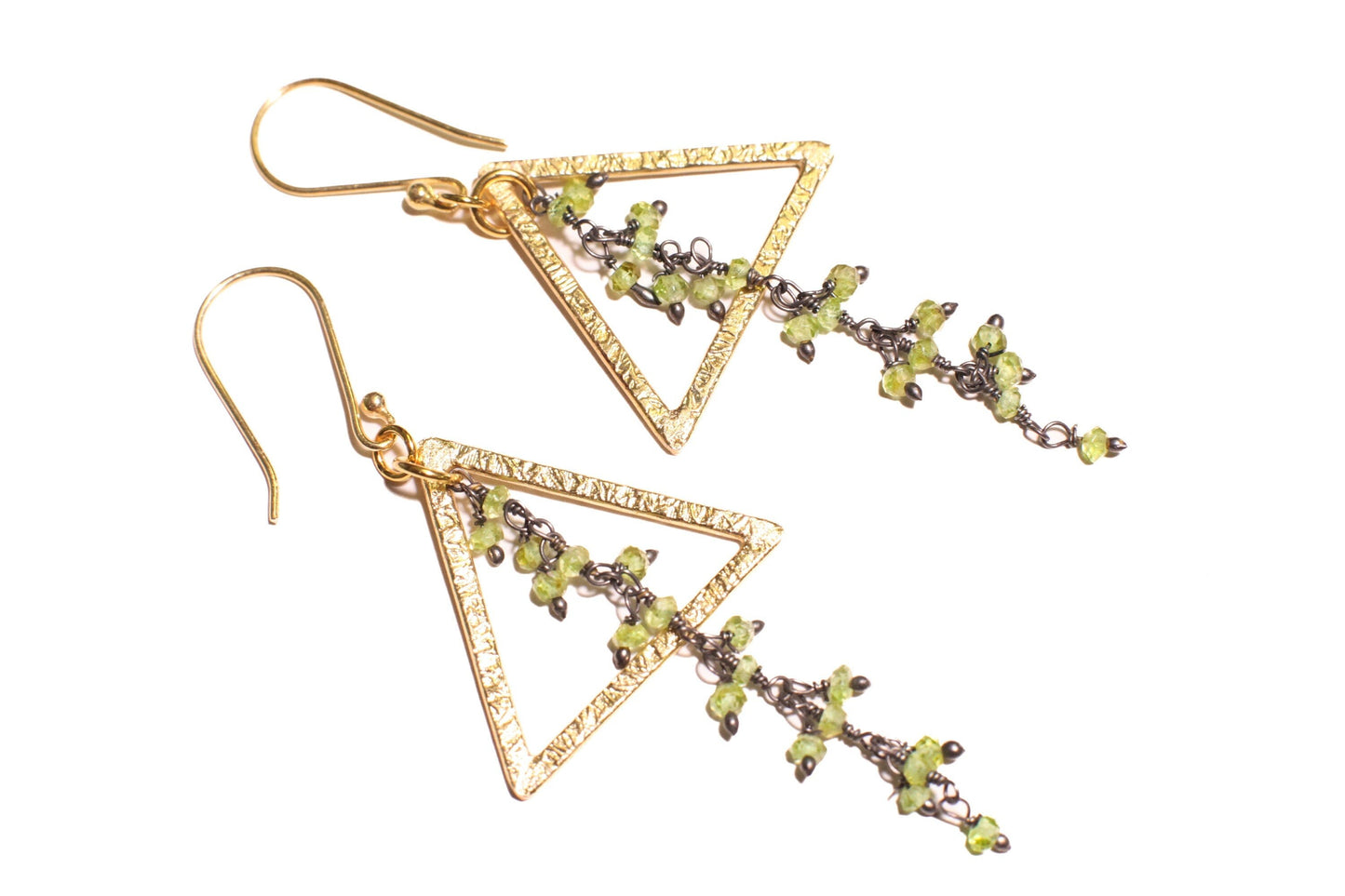 Genuine Peridot Wire Wrapped cluster Dangling with 23x26 mm Triangular hammered brush Gold Vermeil Earring .August Birthstone,Tree of life