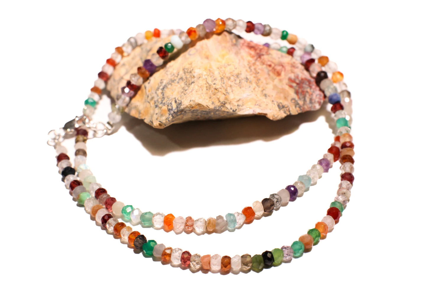 Natural Multi Gemstone Rainbow 4mm Disco Necklace, Moonstone, Garnet, Onyx, Carnelian, Amethyst, Smokey, Labradorite in 925 sterling silver