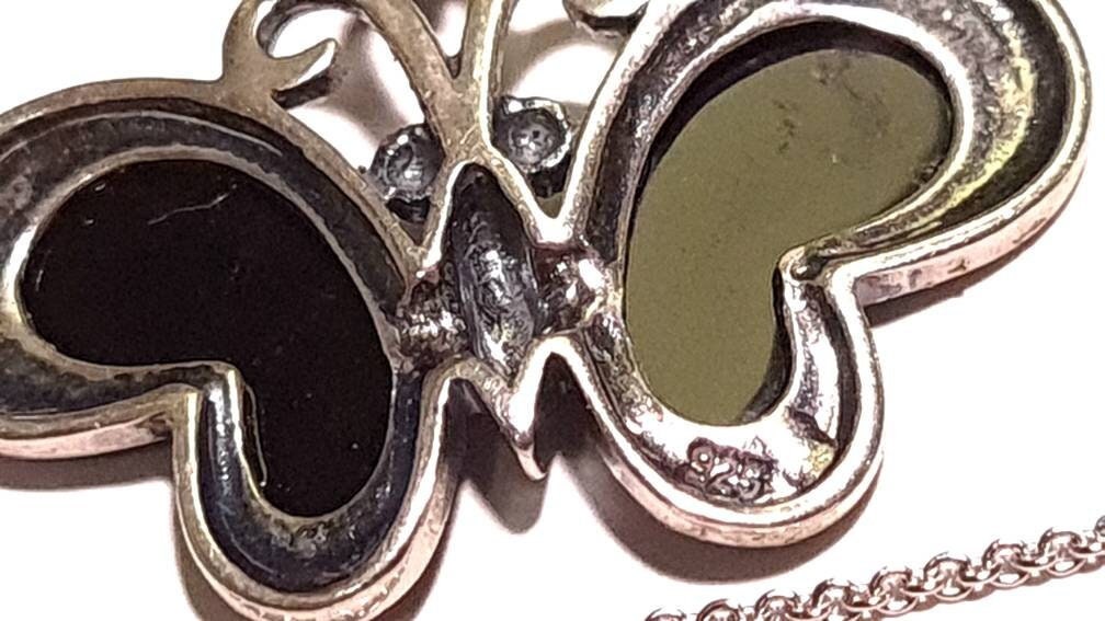 Marcasite 925 Sterling Silver Black Onyx Butterfly Pendant Necklace with Rhodium Non Tarnish Sterling Silver Chain 21x32mm Vintage, Antique