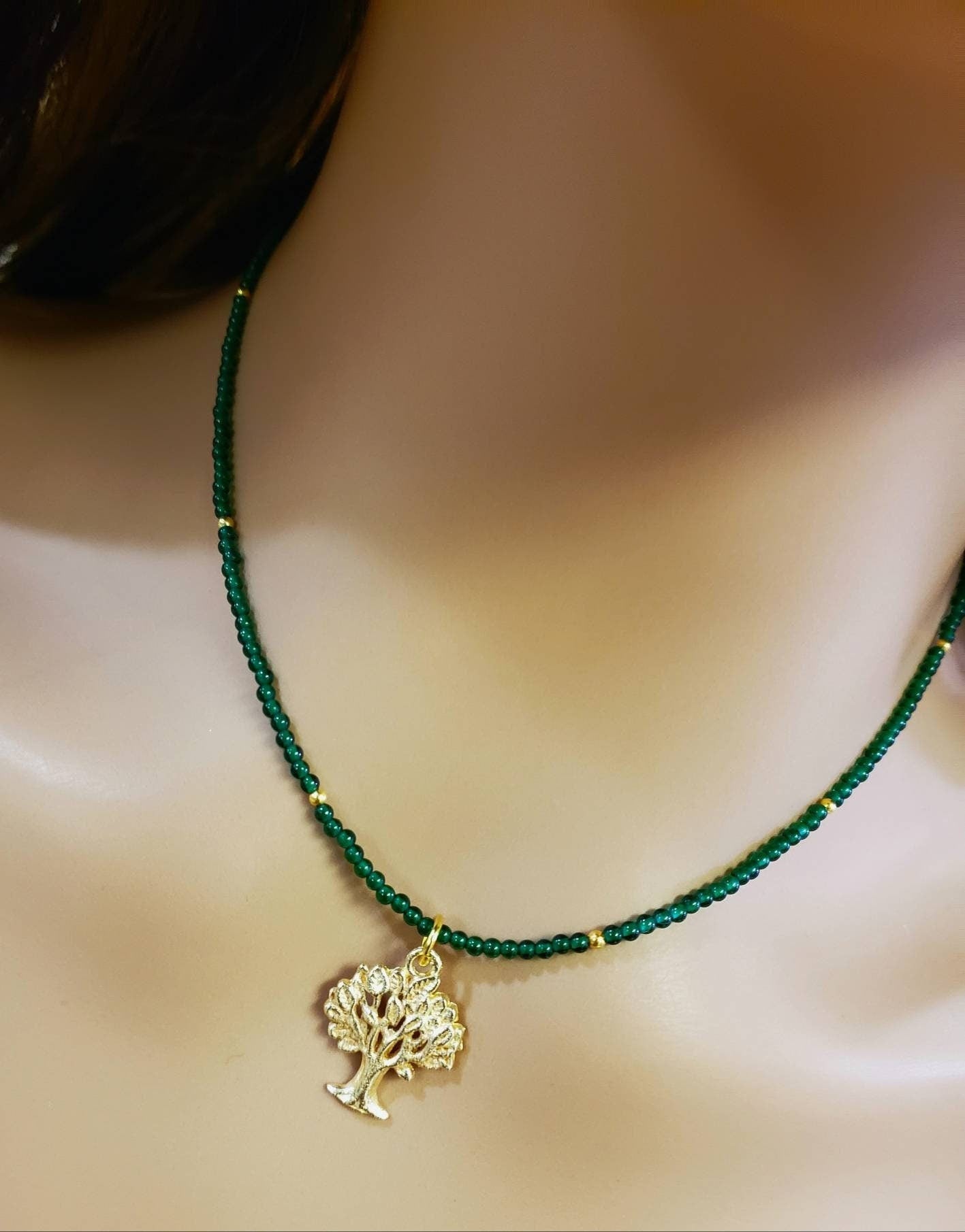 Natural green jade 2mm smooth Round with brushed gold vermeil Tree necklace Choker Layering Elegant , Gift Tree of life