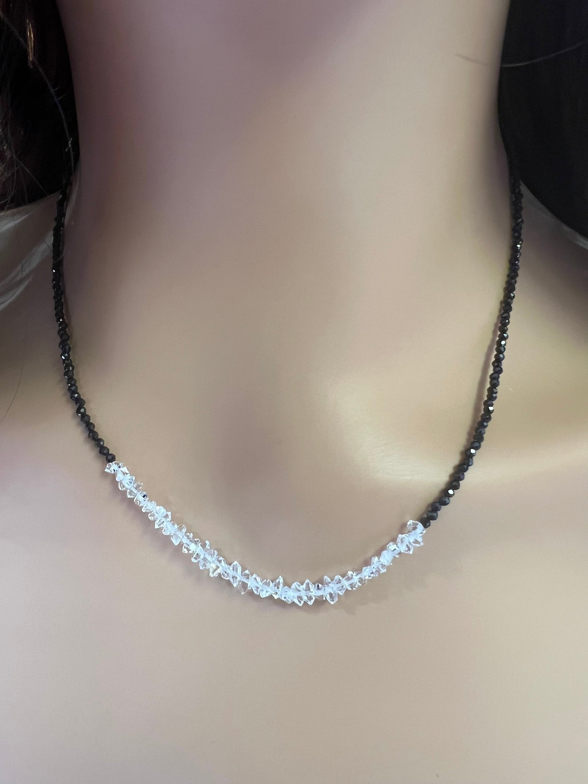 Black Spinel 2mm Beads with Herkimer Diamond 4x5.5-6.5mm Double Terminated in 3&quot; AAA High Quality Raw Diamond 925 Sterling Silver necklace