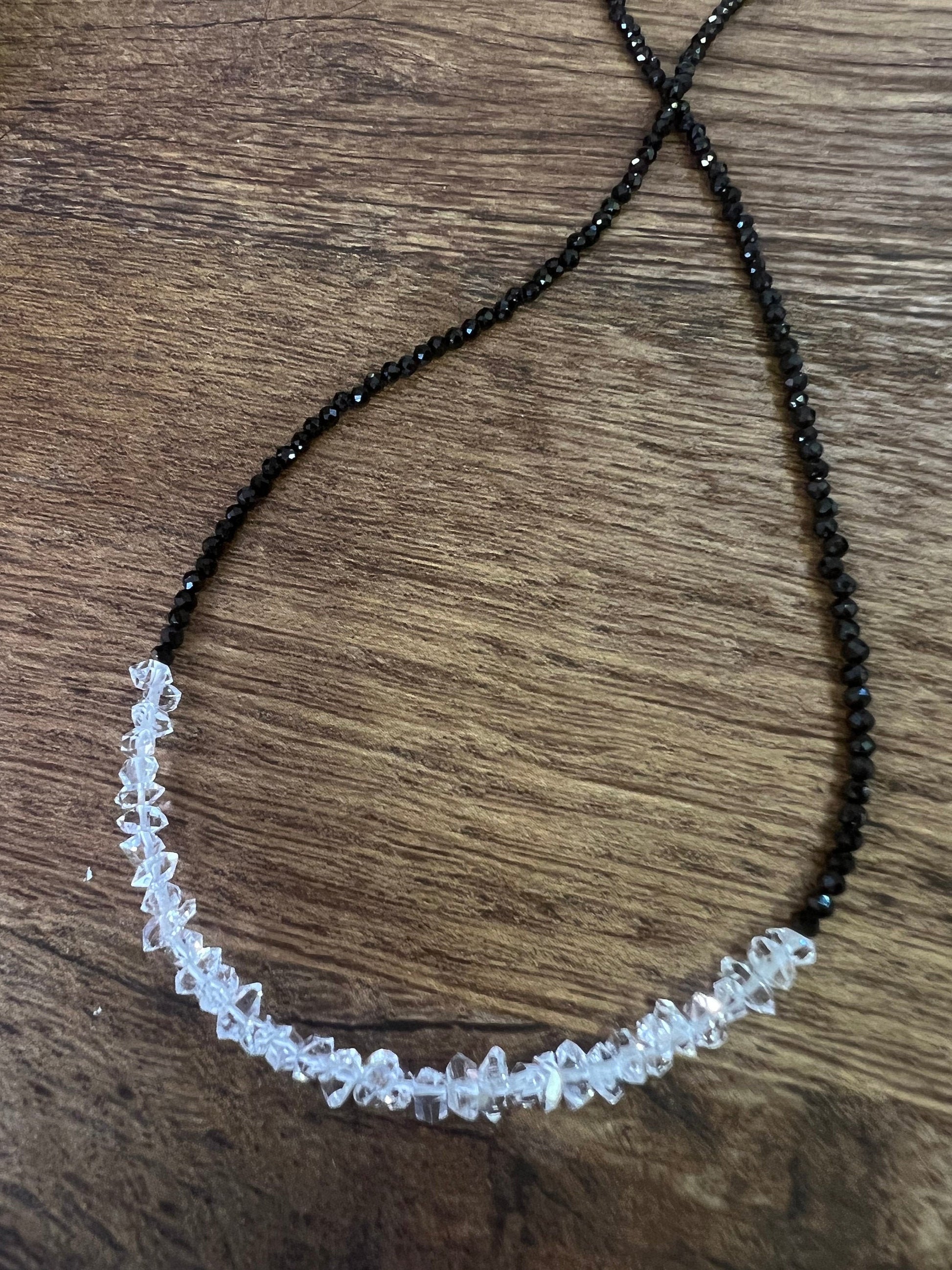 Black Spinel 2mm Beads with Herkimer Diamond 4x5.5-6.5mm Double Terminated in 3" AAA High Quality Raw Diamond 925 Sterling Silver necklace