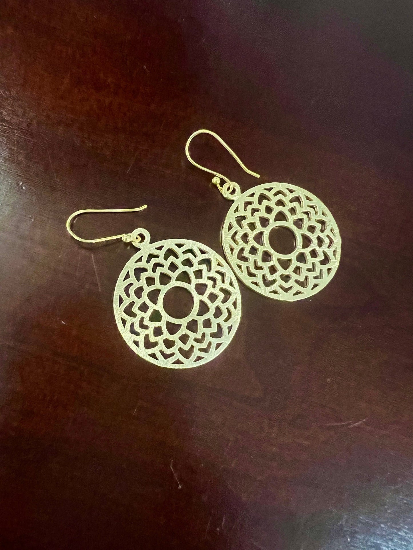 18k Gold Vermeil bali brush gold filigree flower 29mm circle Handmade Earrings, beautiful light yellow gold color medium heavy weight gift