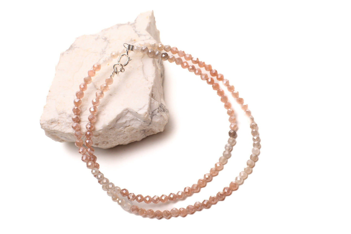 Natural Multi Moonstone Faceted 3.5mm Round Beaded necklace.925 Sterling silver.Beautiful light peachy Beige choker layering gift