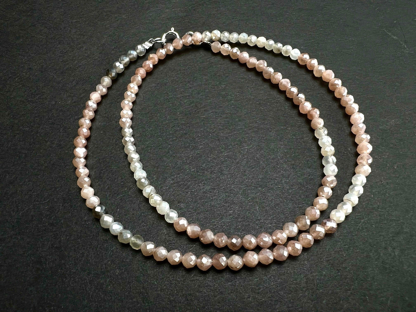 Natural Multi Moonstone Faceted 3.5mm Round Beaded necklace.925 Sterling silver.Beautiful light peachy Beige choker layering gift