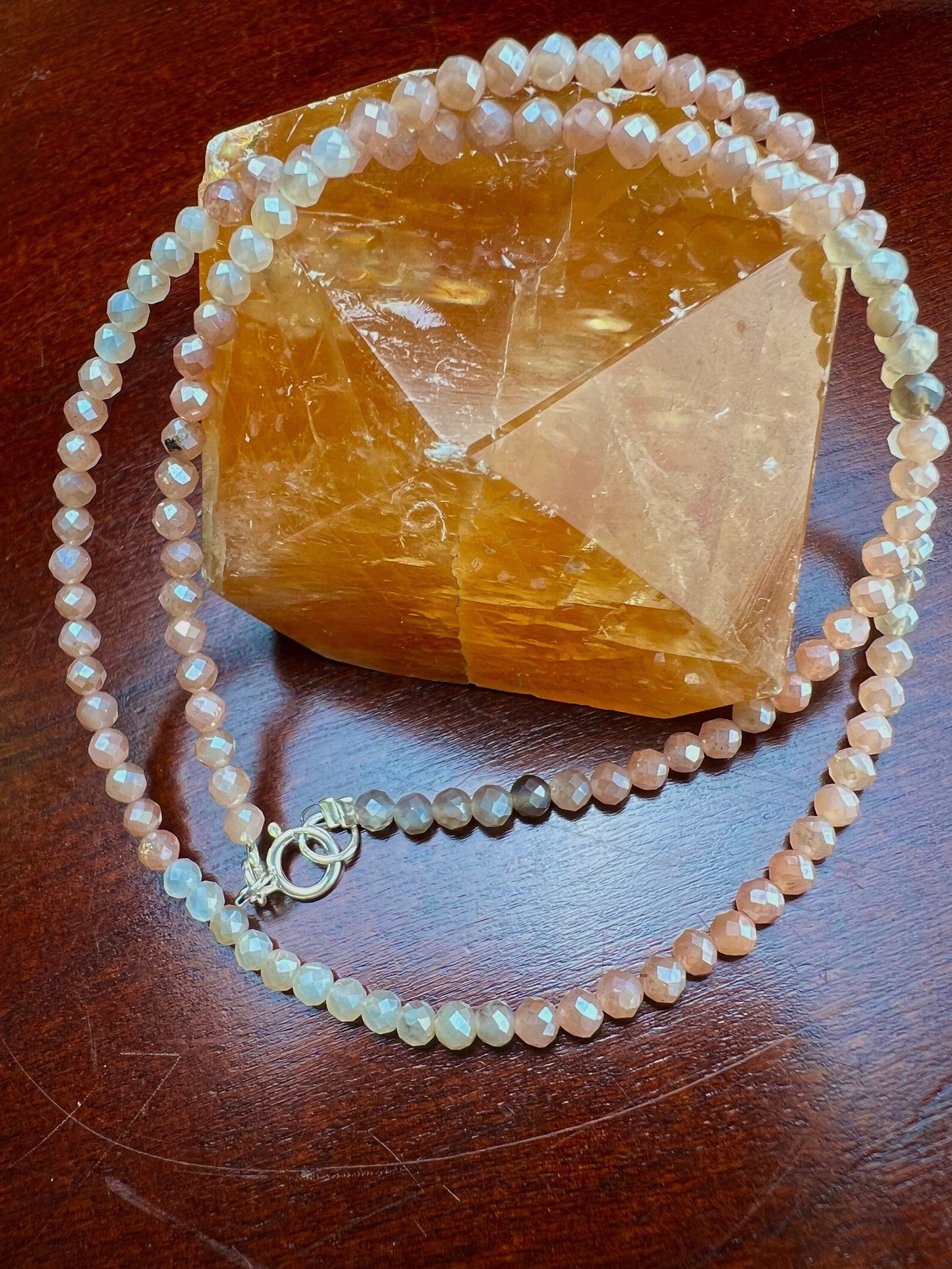 Natural Multi Moonstone Faceted 3.5mm Round Beaded necklace.925 Sterling silver.Beautiful light peachy Beige choker layering gift