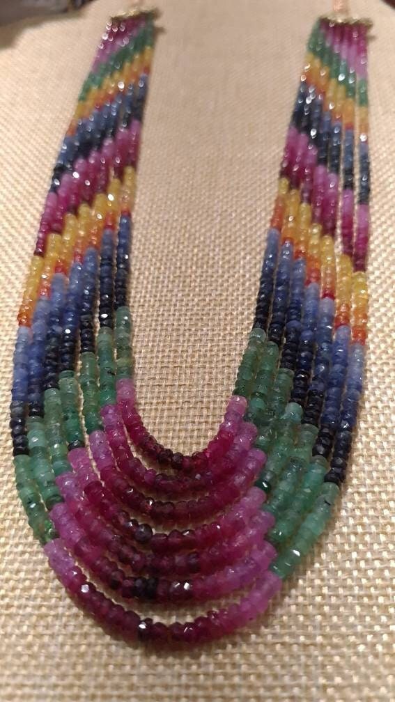 Natural Multi Sapphire 7 Line 3-4mm Graduated Faceted Roundel Gemstone 16.5" with Adjustable thread Necklace