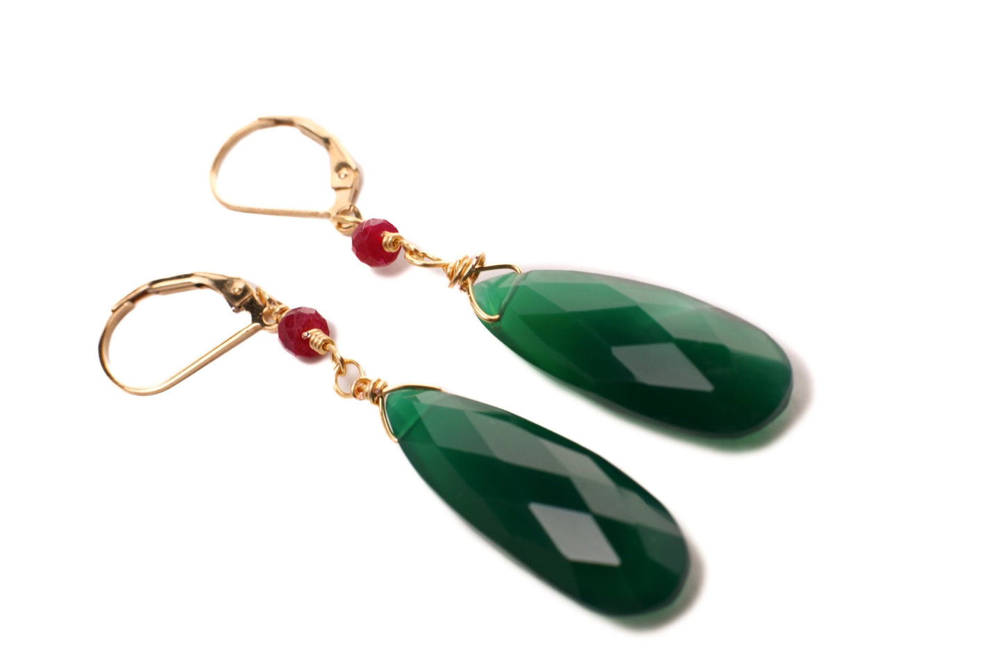 Green Onyx Faceted Long Pear Drop 10x30mm Wire Wrapped, 4mm Genuine Ruby accent 14k Gold Filled Leverback Earring, Elegant Gift