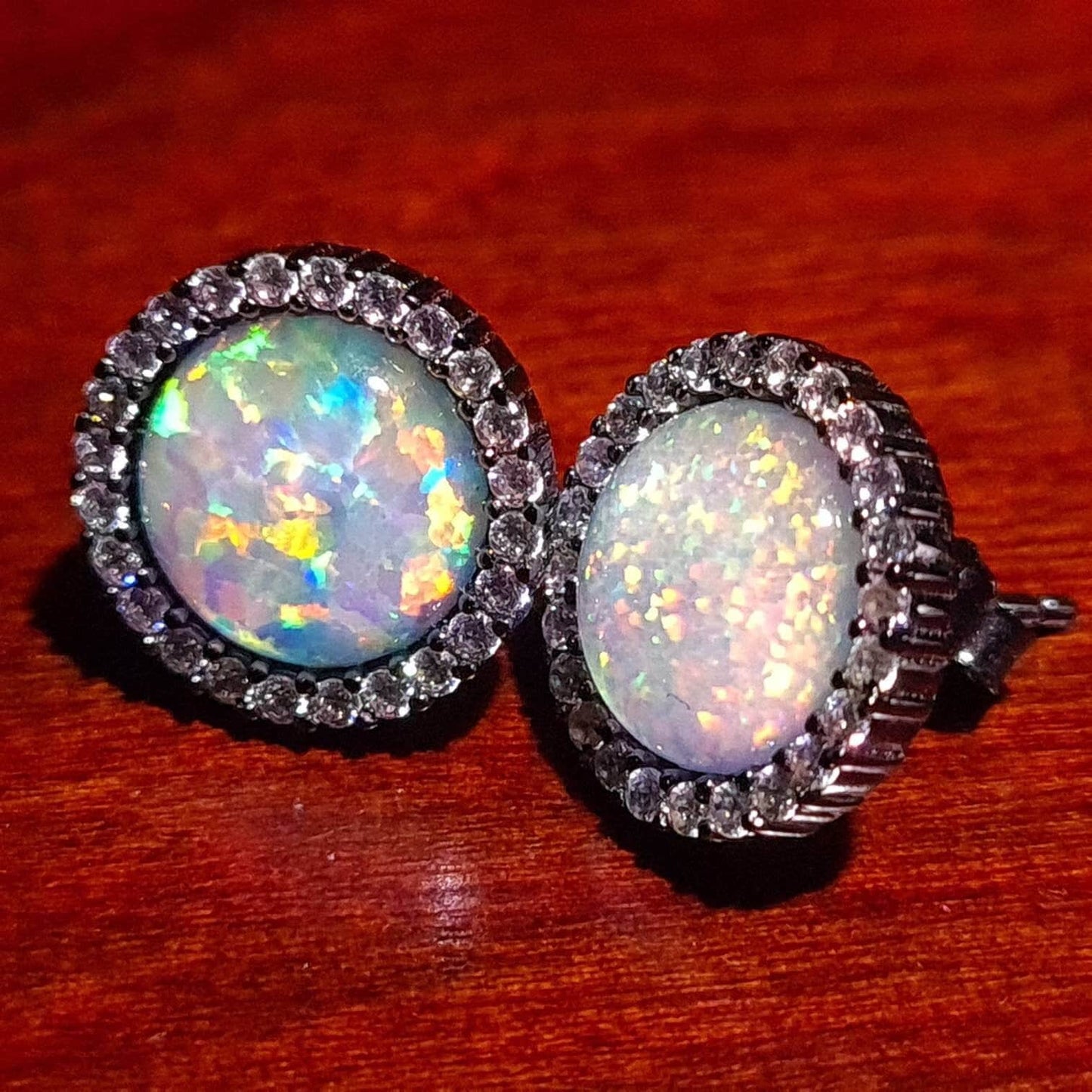 Ethiopian Fire Opal, Welo Opal, 12mm Round Shape CZ Stud Earrings in Black Rhodium 925 Sterling Silver AAA Fiery Opal Elegant Dainty Earring