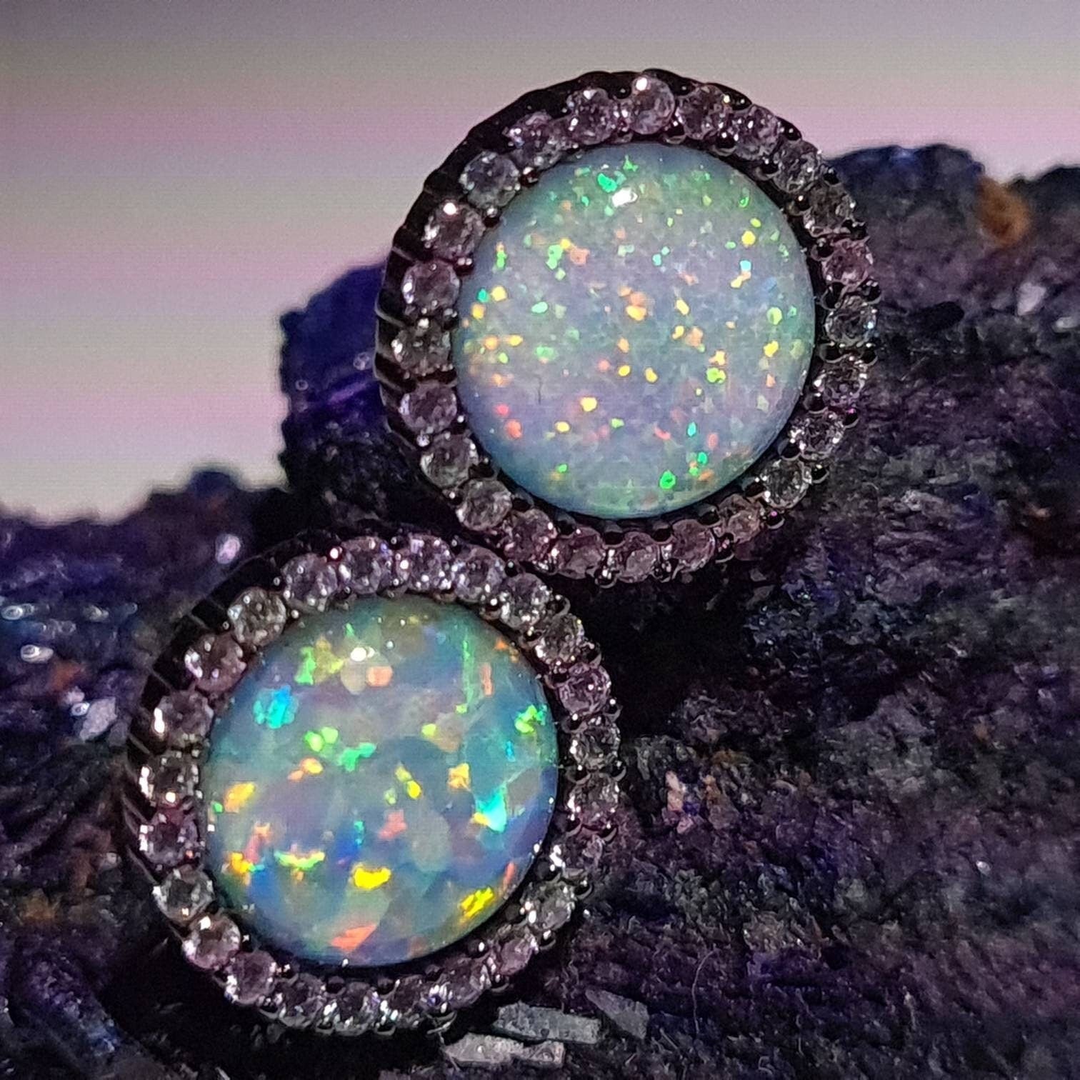 Ethiopian Fire Opal, Welo Opal, 12mm Round Shape CZ Stud Earrings in Black Rhodium 925 Sterling Silver AAA Fiery Opal Elegant Dainty Earring