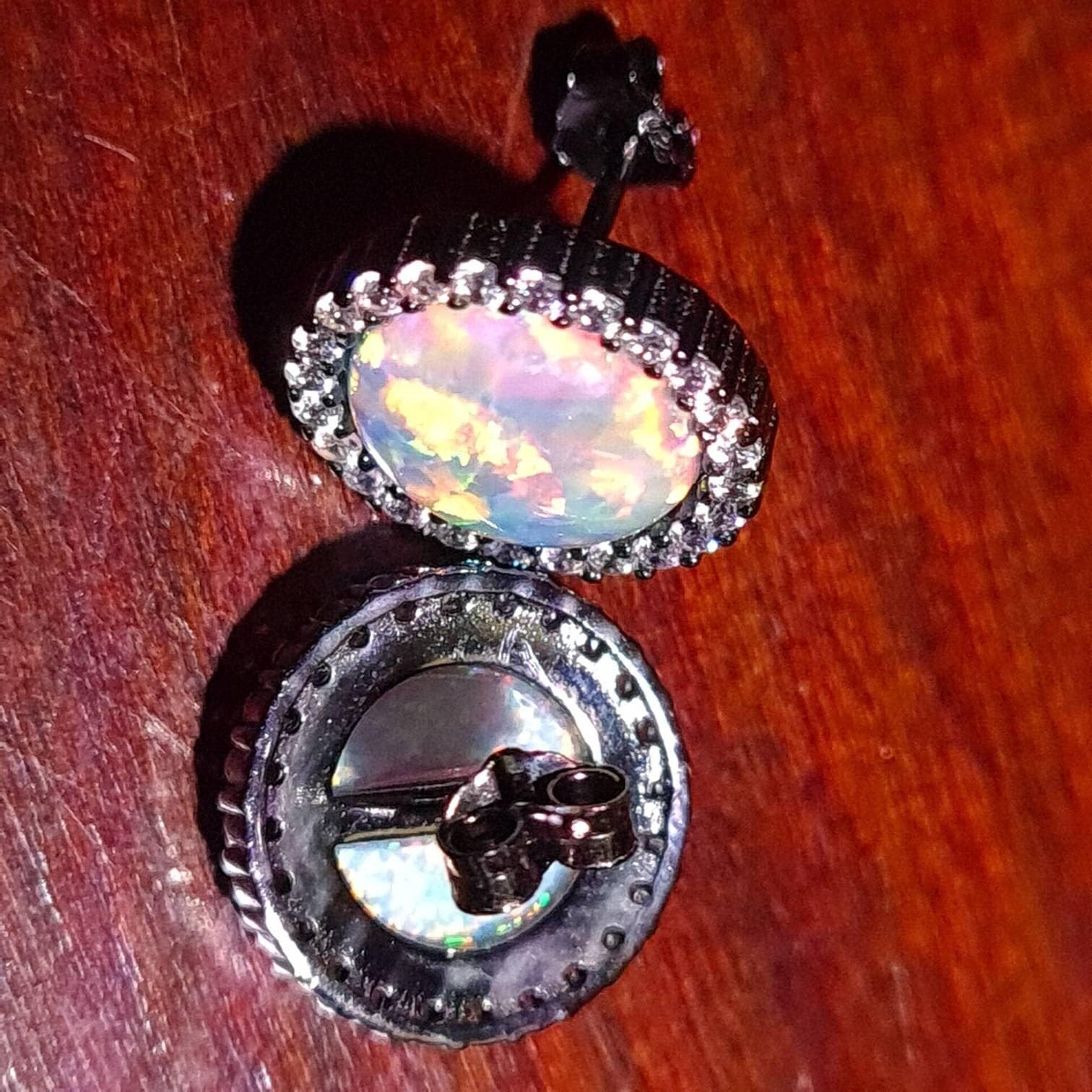 Ethiopian Fire Opal, Welo Opal, 12mm Round Shape CZ Stud Earrings in Black Rhodium 925 Sterling Silver AAA Fiery Opal Elegant Dainty Earring