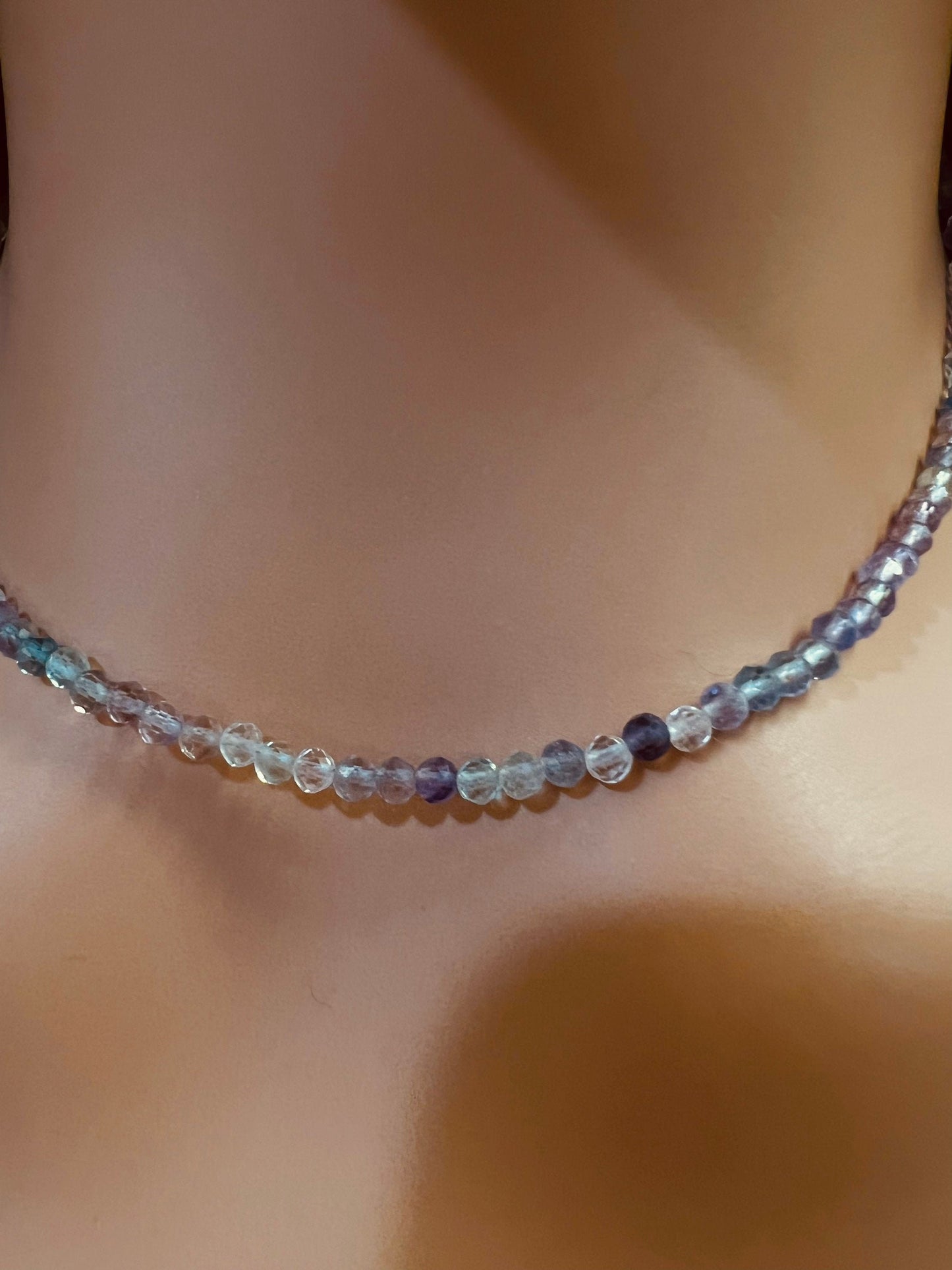 Natural Rainbow Fluorite 2.5mm Faceted beaded 925 Sterling Silver Necklace, Choker Layering, Prom, Graduation June Birthstone, Precious Gift