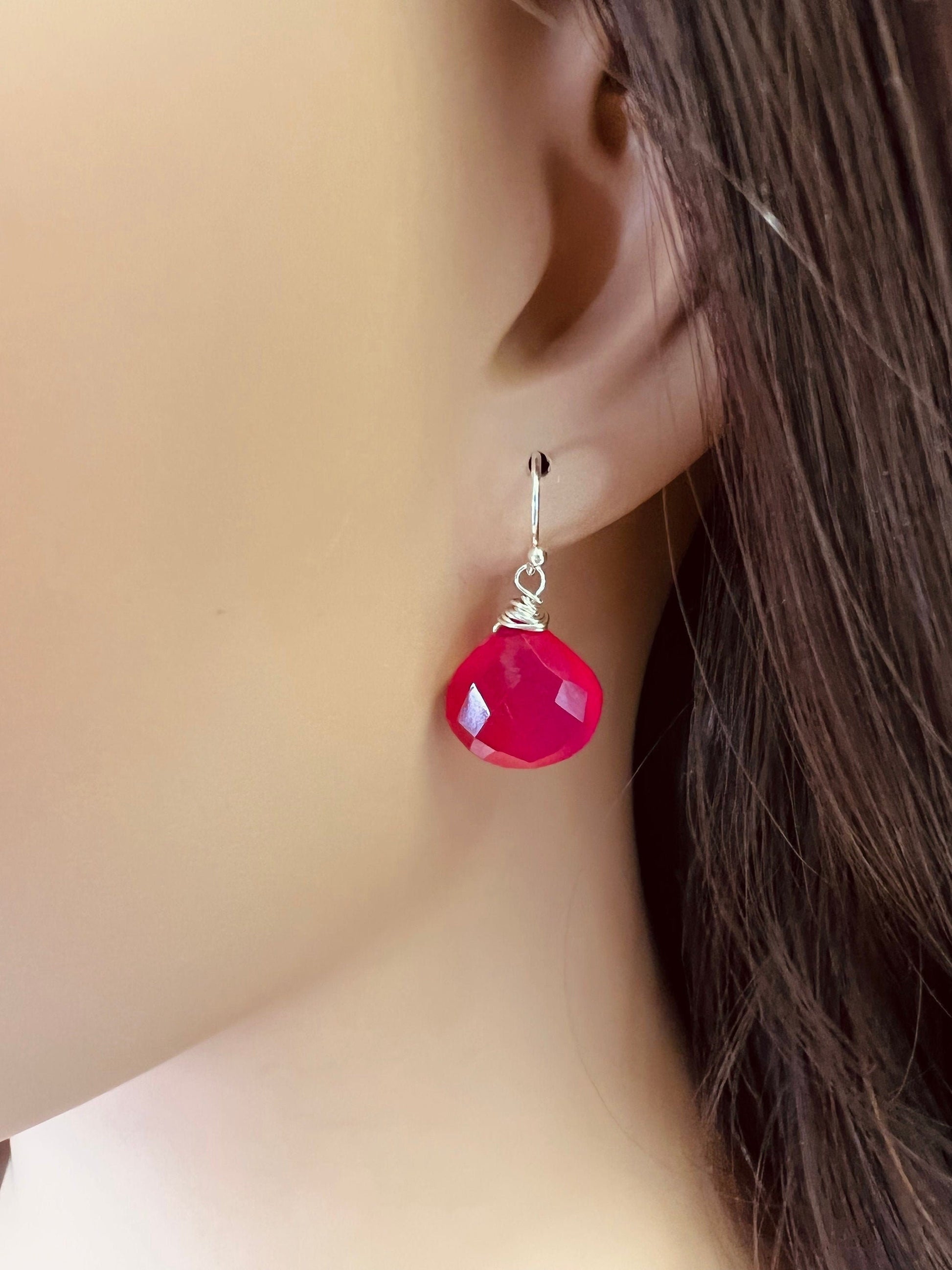 Hot Pink Chalcedony 13-14mm Heart drop 925 Sterling Silver, Gold Filled Earwire or Leverback earrings valentines girlfriend gift