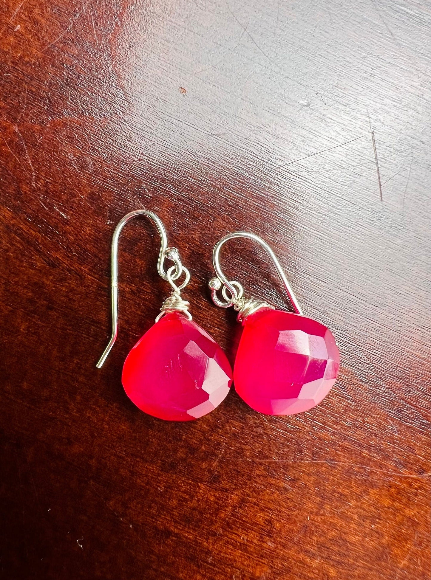 Hot Pink Chalcedony 13-14mm Heart drop 925 Sterling Silver, Gold Filled Earwire or Leverback earrings valentines girlfriend gift