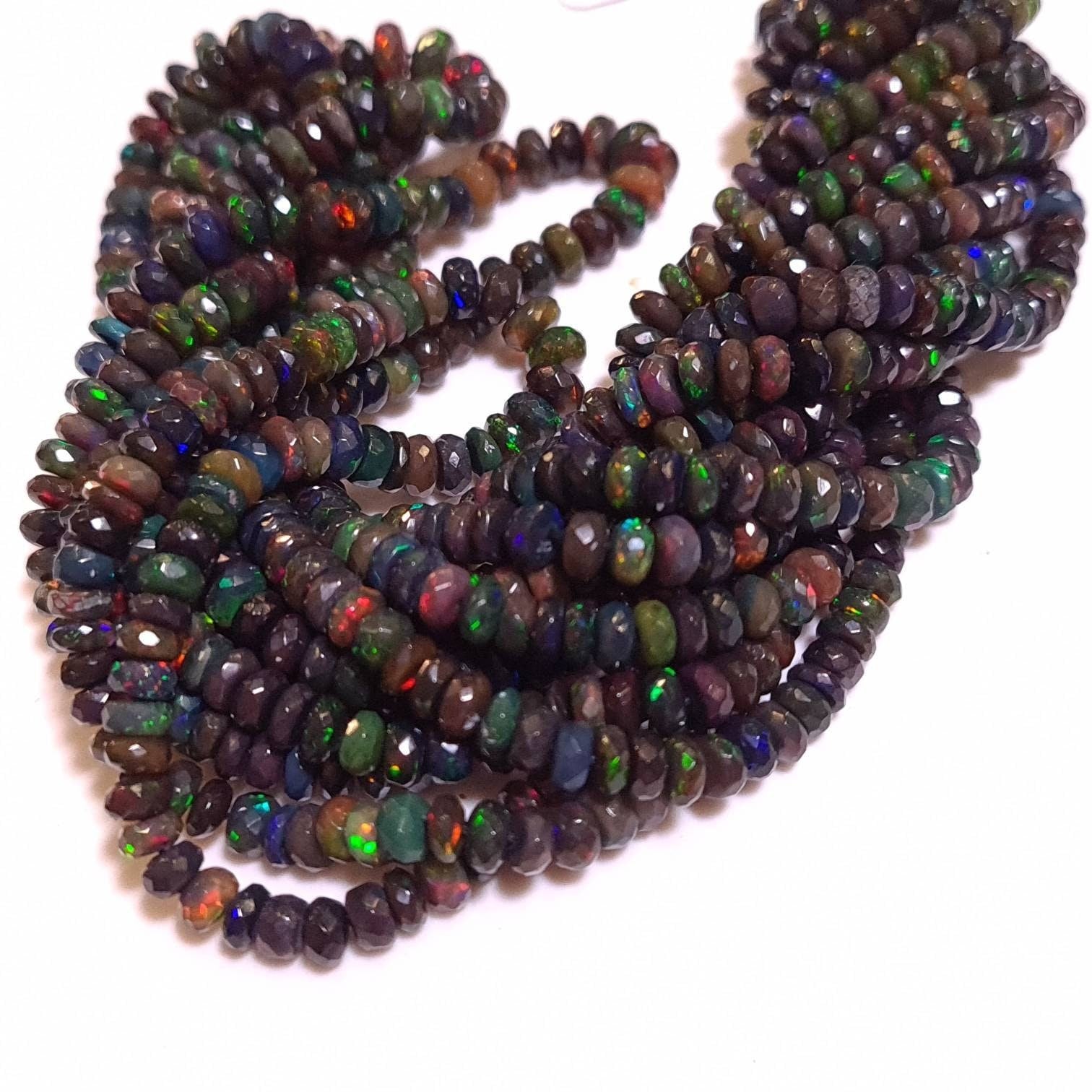 Natural Black Ethiopian Welo fire Opal Faceted Rondelle 4-5.5mm graduated AAA quality sparkly beads for jewelry making , 7” , 14” strand