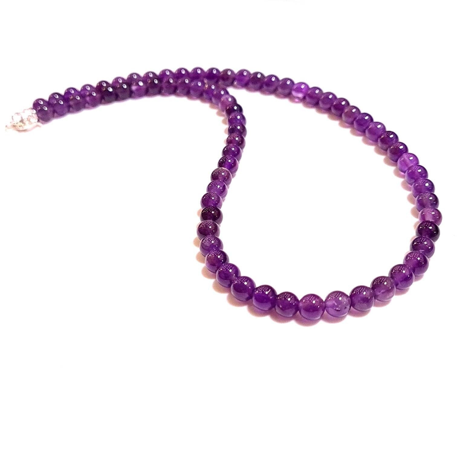 Natural Amethyst Purple 6mm Smooth Round AAA beaded Choker, Layering Necklace in Sterling Silver clasp. February birthstone,For Man & woman